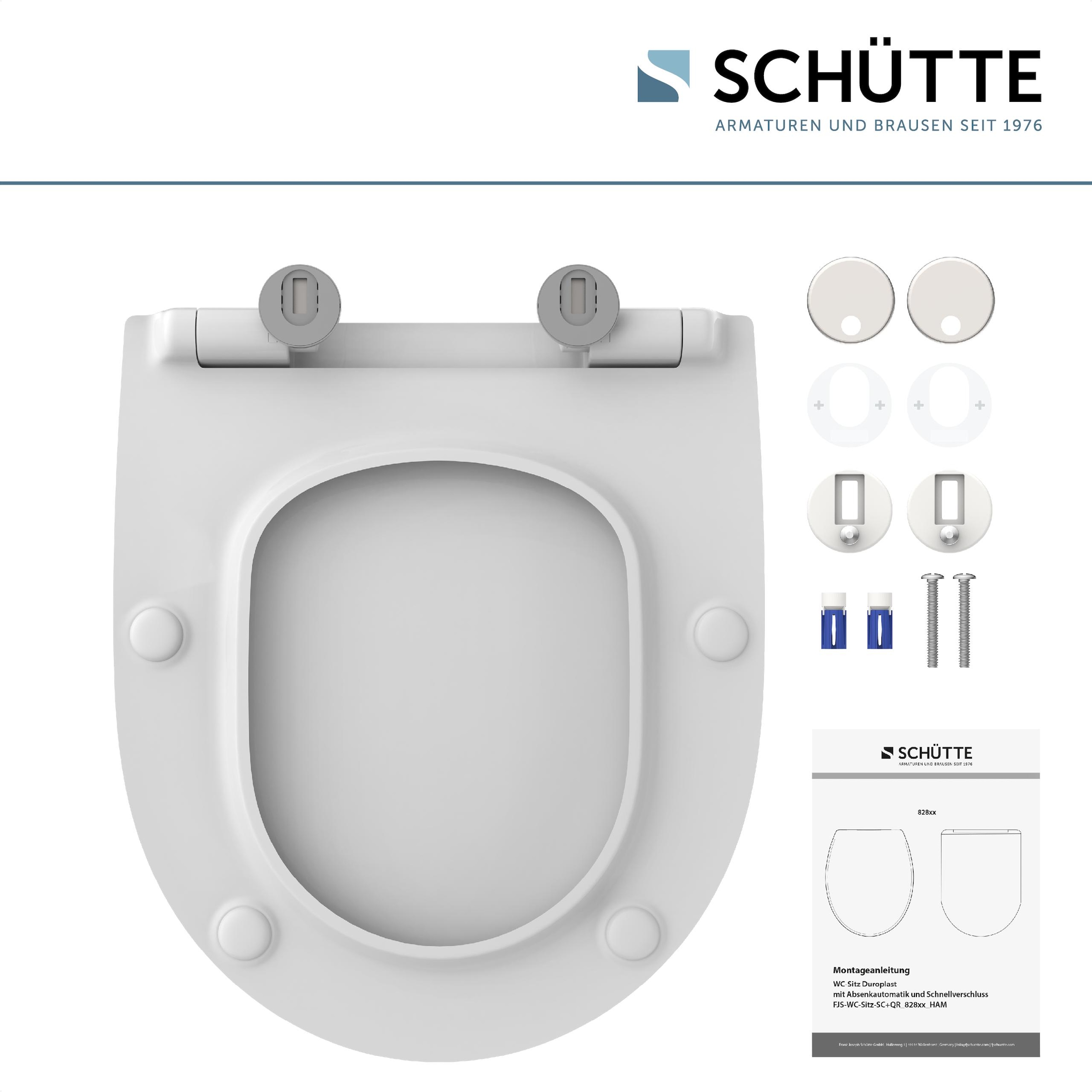 Schütte Siège de WC »Duroplast, WHITE D-Form PRO 6« Abattant WC, matériel de fixation, notice de montage,  Avec descente automatique et fermeture rapide