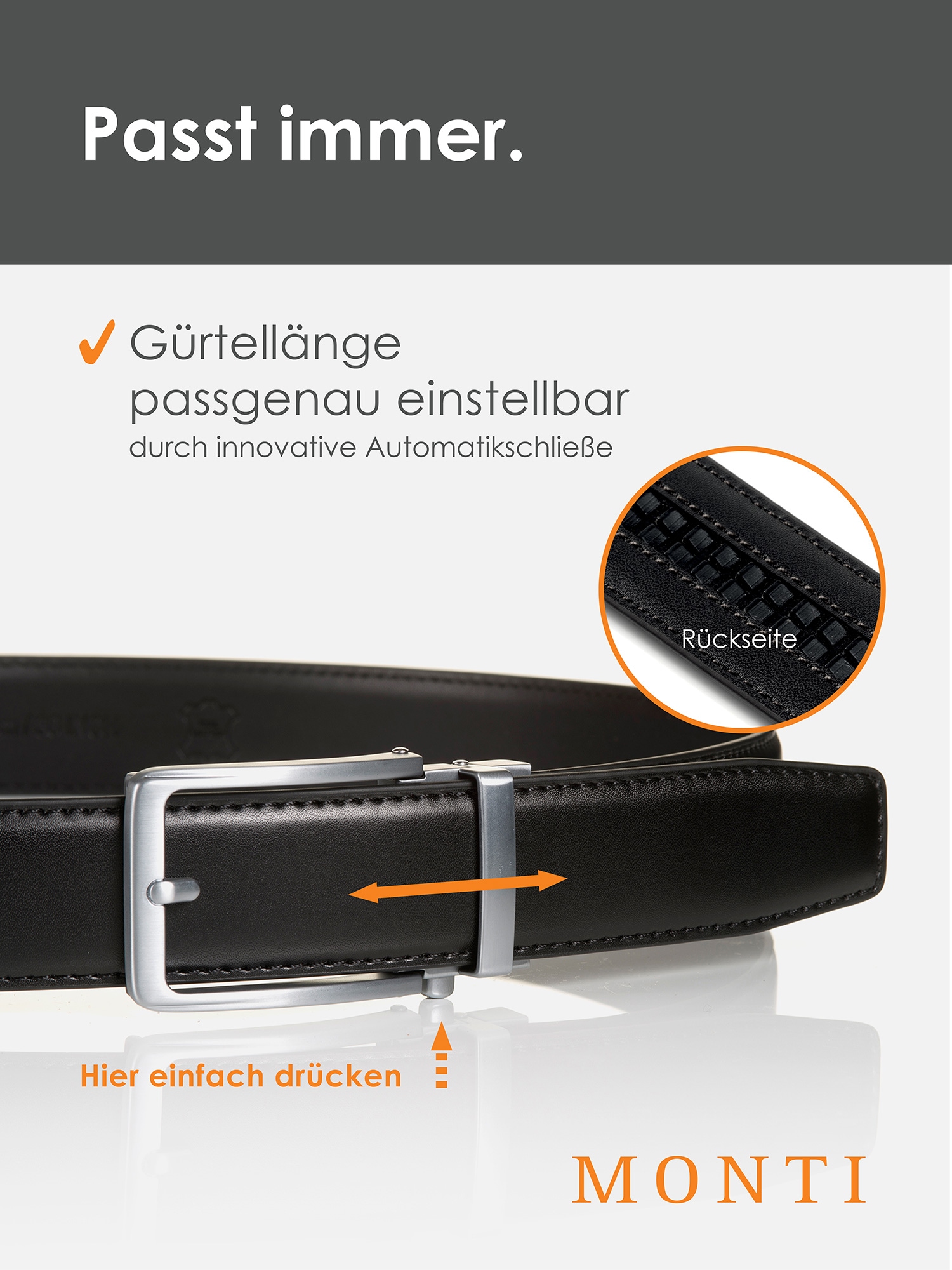 MONTI Ledergürtel, 3,5 cm breit, Klassisch-Business, Automatikschliesse - Passt immer