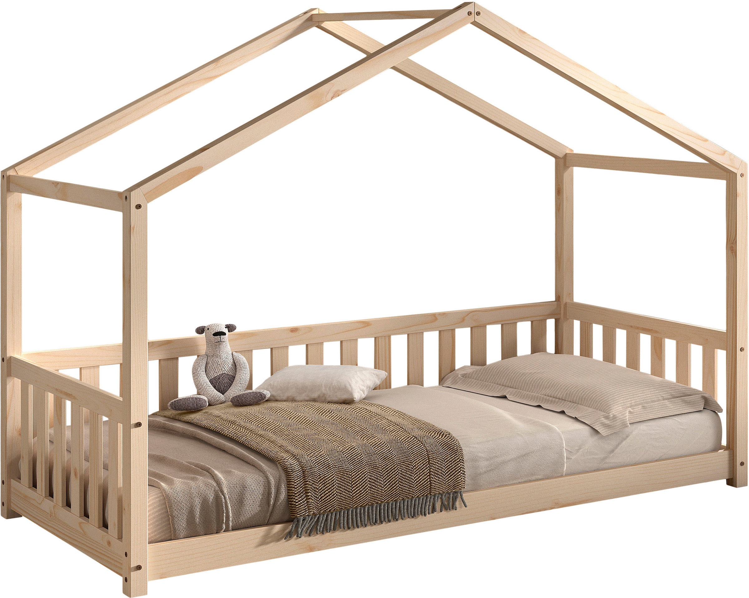 Vipack Hausbett »Dallas, Massivholzbett mit Dachaufbau umbaubar vom Boden- zum Daybett« inkl. Rolllattenrost und Sprossenumrandung, 90 oder 140x200 cm breit,  stabil und standfest gebaut, wahlweise Kiefer massiv natur oder weiss