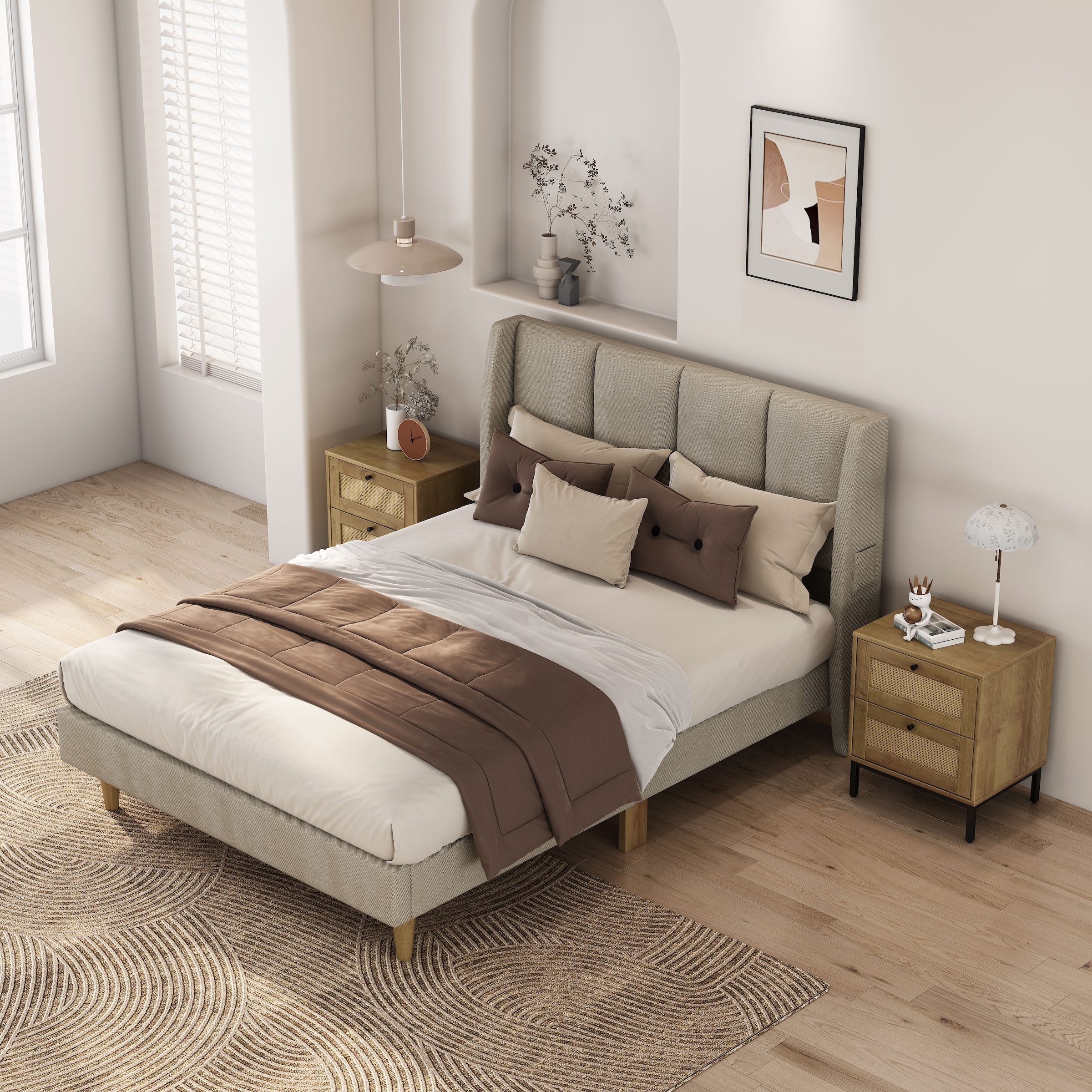 GOODproduct Nachtkommode »Motala Nachtschrank Set BOHO Style mit Geflecht Schubladen Bestseller« Set, 2 Schränke im Set - Eichen-Design mit schwarzen Griffen, 