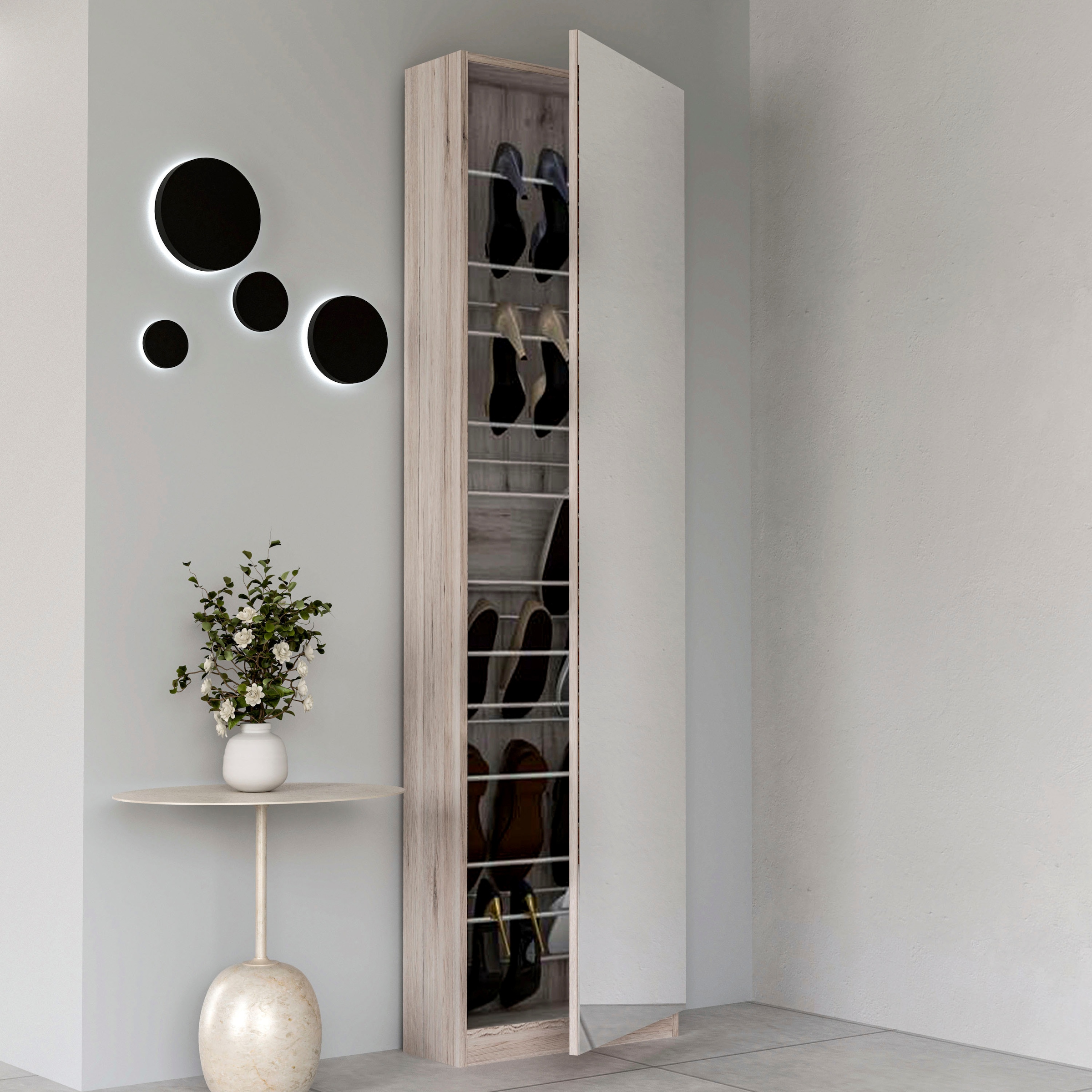 FORTE Schuhschrank »Calma Schuhschrank, Spiegeltüre, 12 Paar Schuhe, Türanschlag wählbar« B/H/T : 50/179,7/20 cm,  Schuhschrank mit Spiegeltüre , 180cm hoch, 12 Paar Schuhe