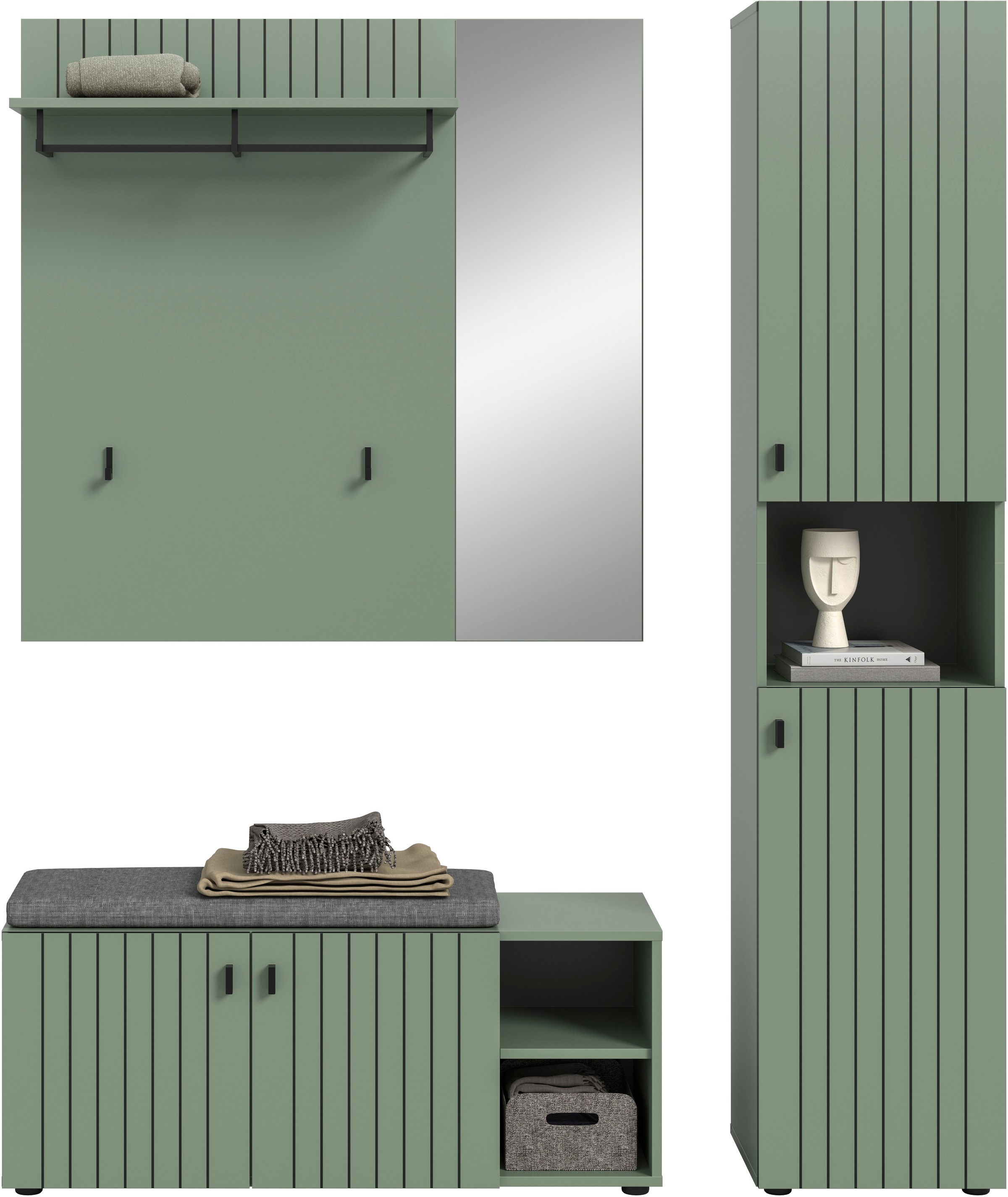 Image of Home affaire Garderoben-Set "TATIO, 4-tlg. Garderobenkombination, Breite: 161 cm, Rillenfräsung" Set, Set, best. aus: 1 Paneel, 1 Garderobenschrank,1 Sitzbank,1 Sitzkissen, 4 Stk. tlg.