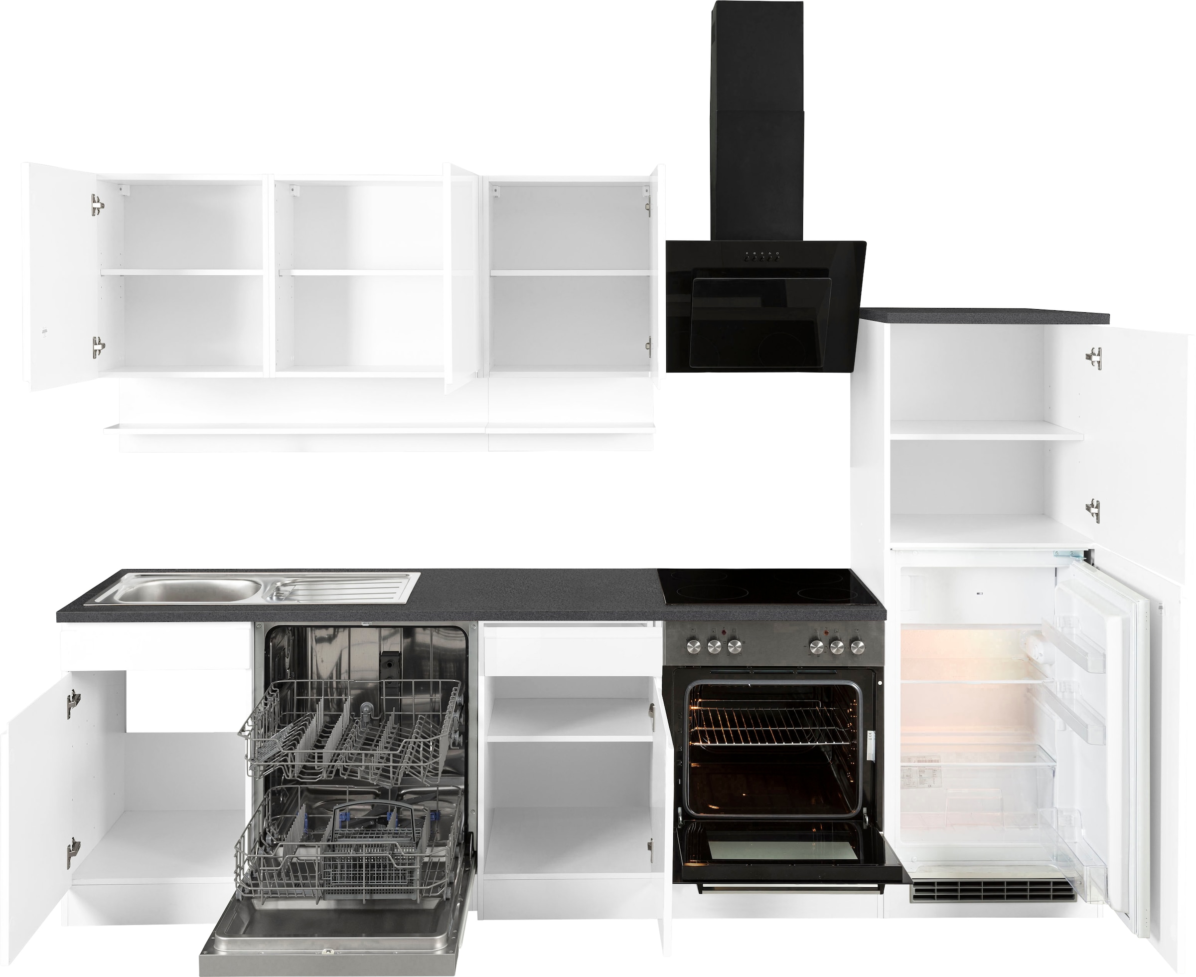 KOCHSTATION Küchenzeile »KS-Virginia,neu in verbesserter Ausführung« Arbeitsplatte 38 mm stark, Stauraum, Softclose,  Breite 280 cm, Soft-Close, wahlweise mit E-Geräten