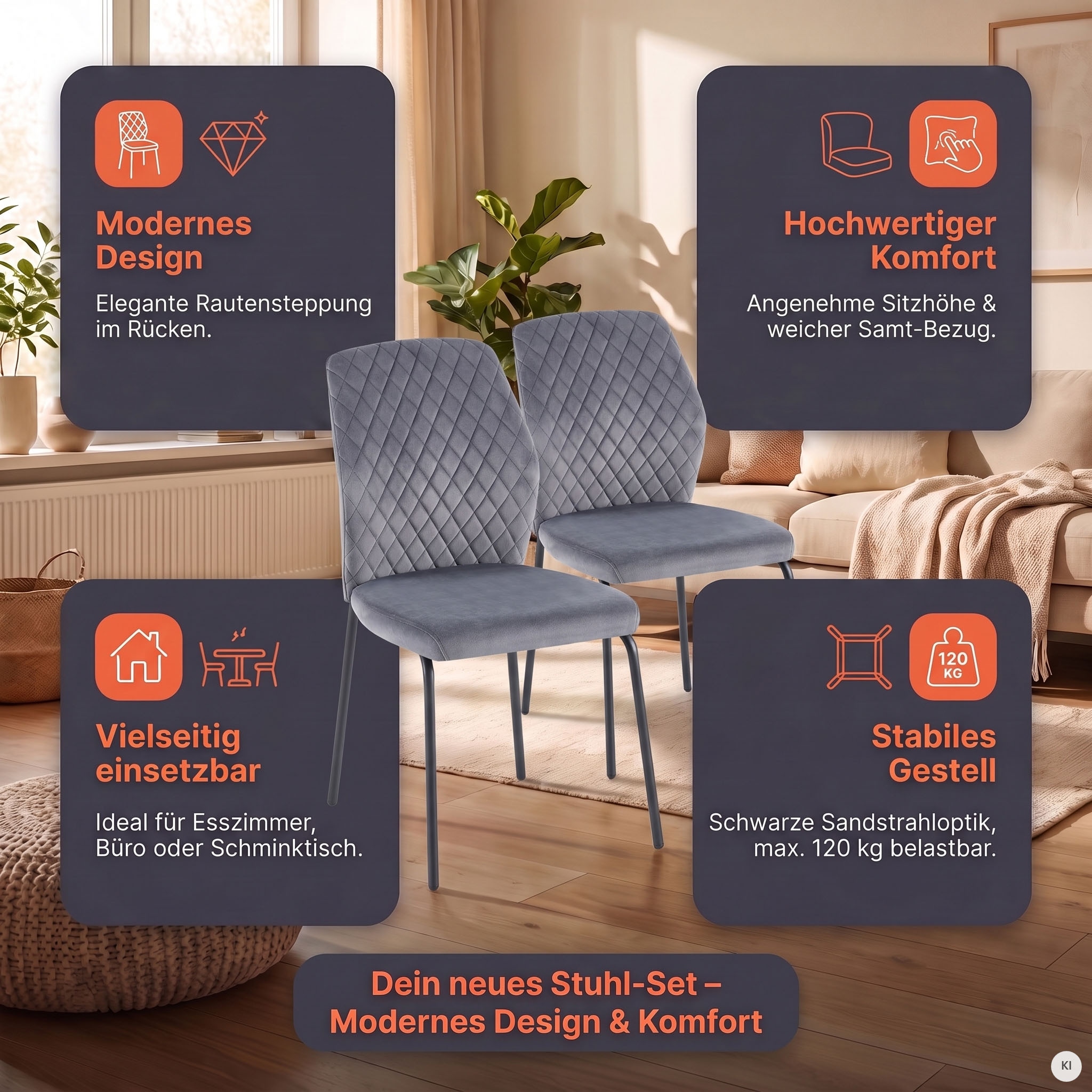 SalesFever 4-Fussstuhl »Esszimmerstuhl mit elegantem Stil« (Set) 2 Stk.2er Set mit eleganter Wabensteppung im Rücken