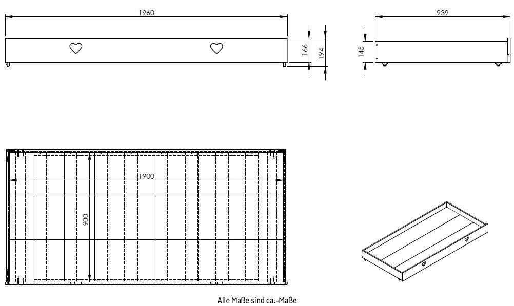 Vipack Bettschubkasten »Amori« Made in Europe,  Bettschublade auf Rollen für das Hausbett Amori, Innenmass 90 x 190 cm
