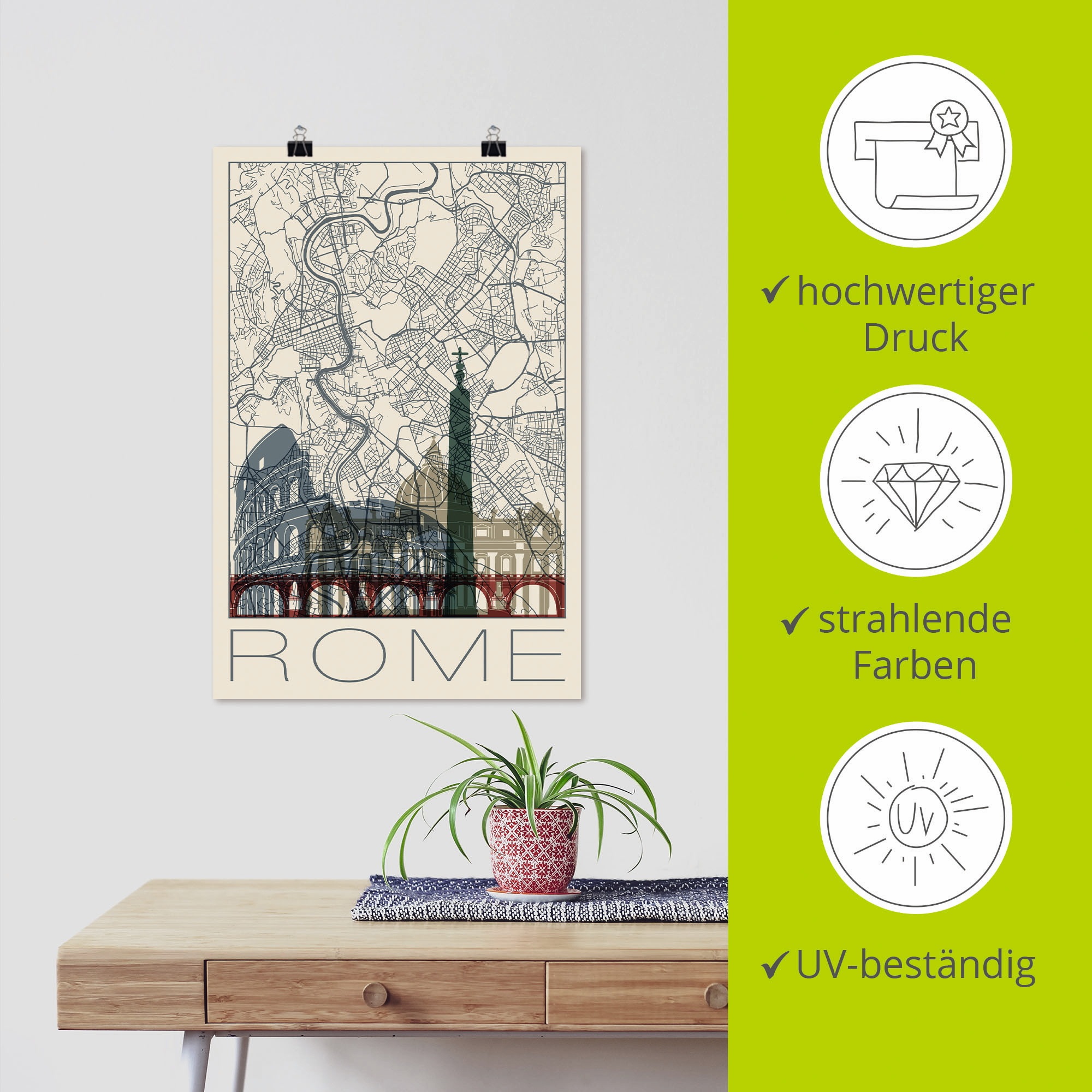 Artland Poster »Retro Karte Rom Italien und Skyline«, Italien, (1 St.), als Alubild, Leinwandbild, Wandaufkleber oder Poster in versch. Grössen