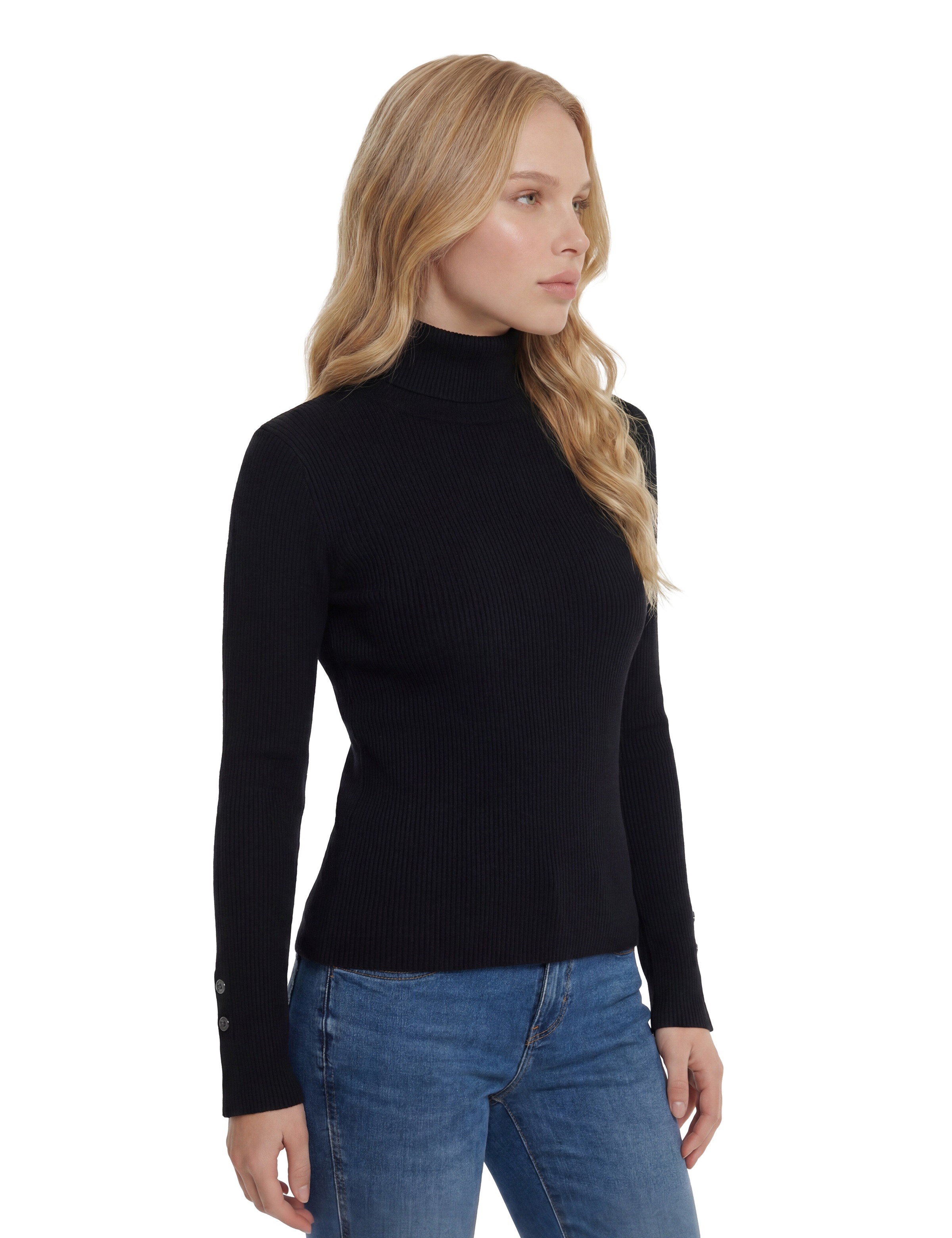 Guess Rollkragenpullover »LS TN ELLIE SWTR« in gerippter Struktur, Knopf-Details