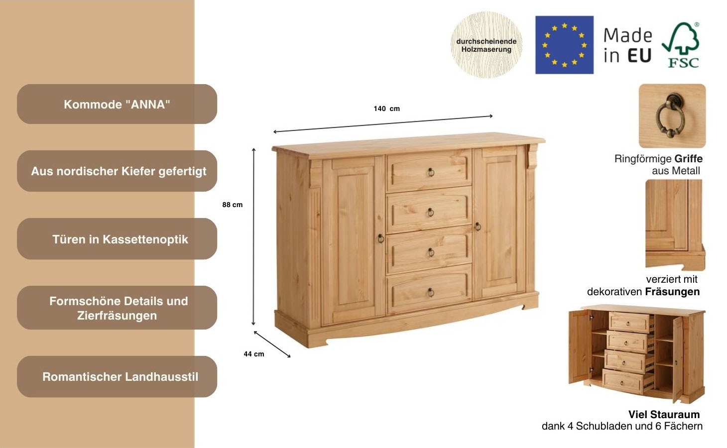 Home affaire Sideboard »Anna«, (Gesamtmasse (B/T/H): ca. 140/44/88 cm), Kommode, Breite 140 cm, 4 Schubladen, 2 Türen, Massivholz, FSC®