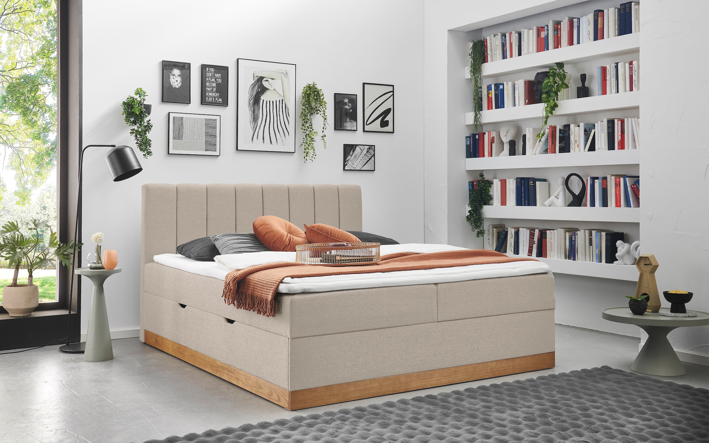 Home affaire Boxbett »FRAPELLE, Polsterbett mit Bettkasten und Taschenfederkernmatratze H3« mit Topper, Strukturstoff-Bezug, Sockel eichefarbig, 180x200cm