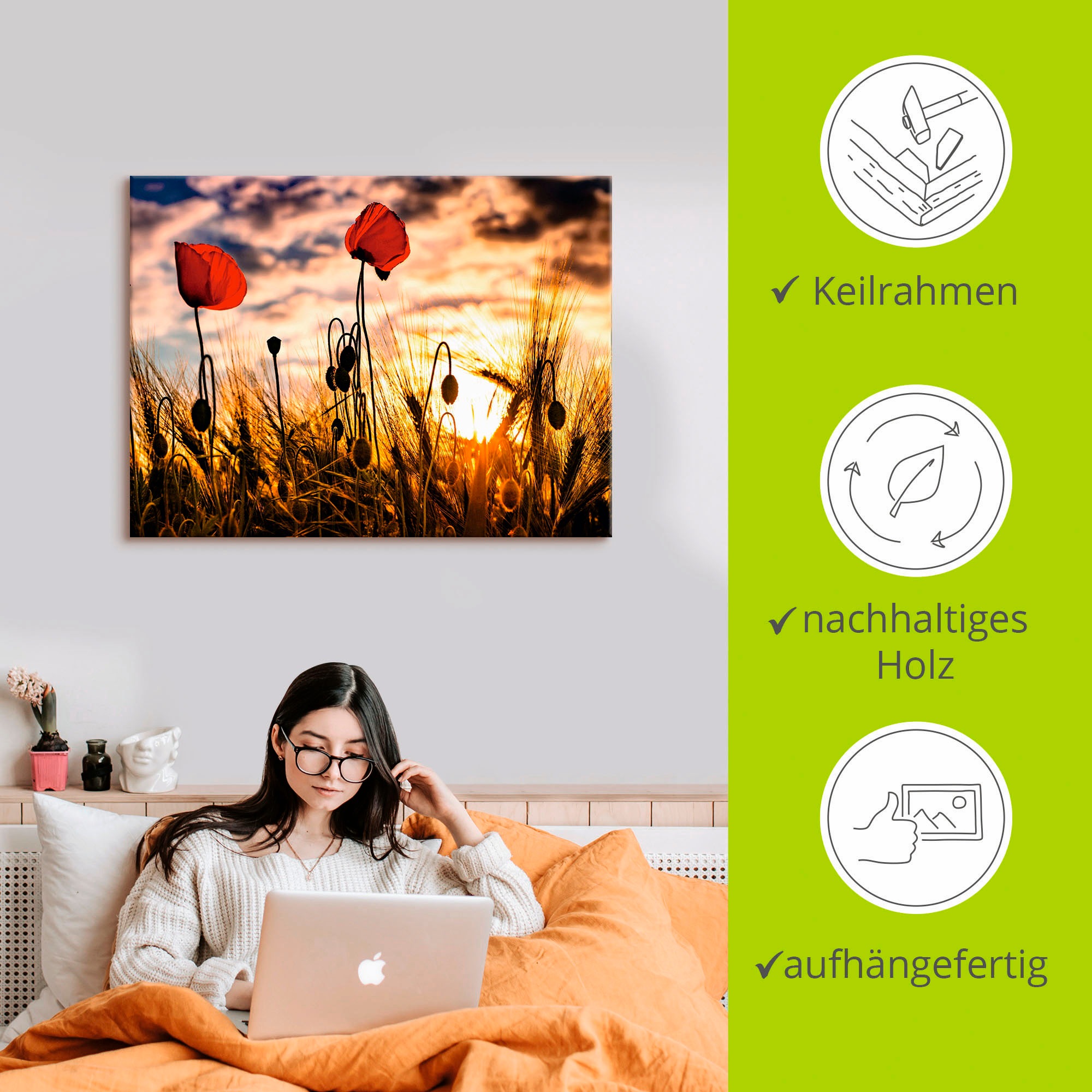 Artland Tableau sur toile »Mohnblumen im Sonnenuntergang« 1 cuis tlg. auf Holzrahmen gespannt