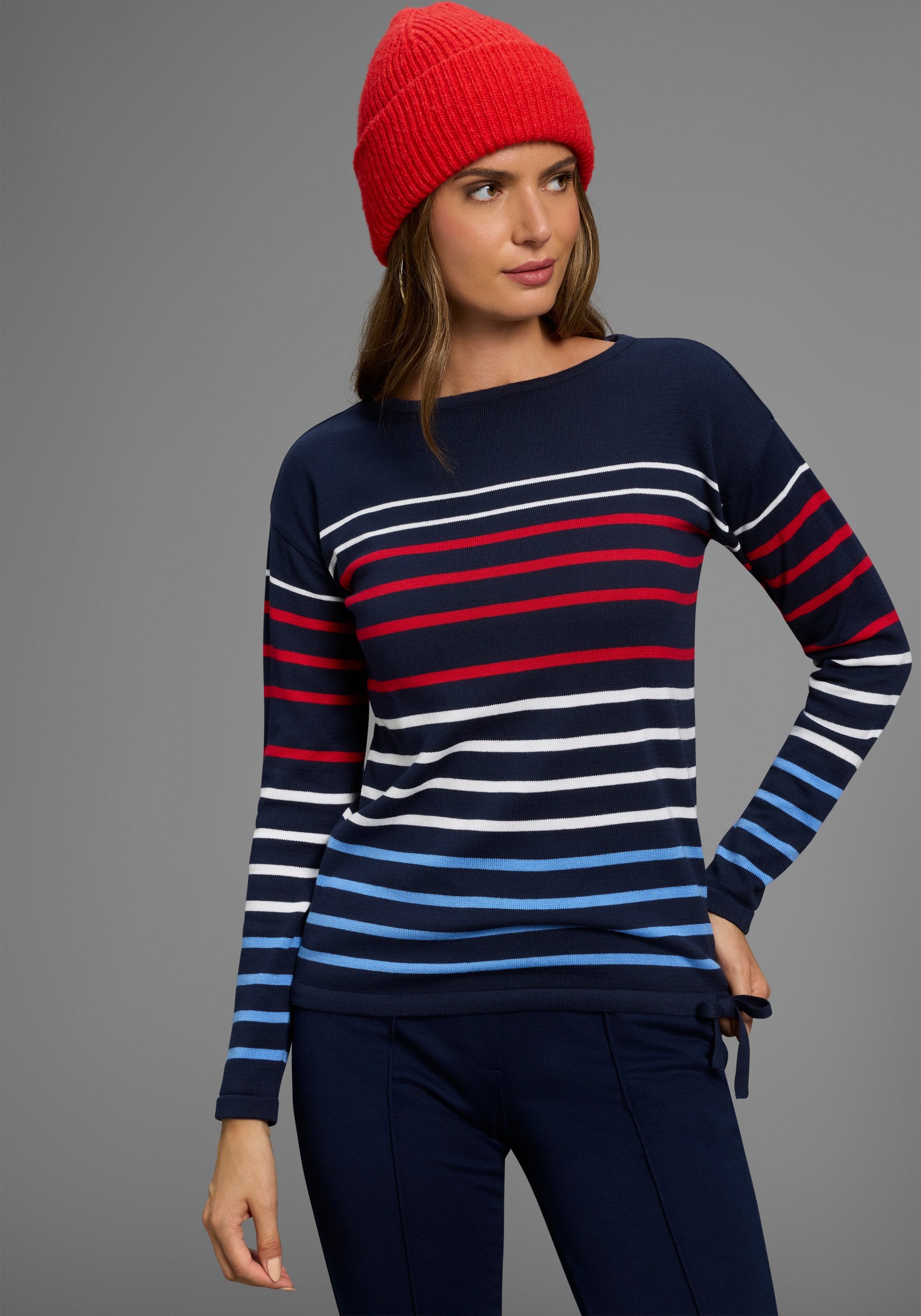 Image of Laura Scott Streifenpullover Feinstrickpullover mit Rundhalsausschnitt und Bindeband