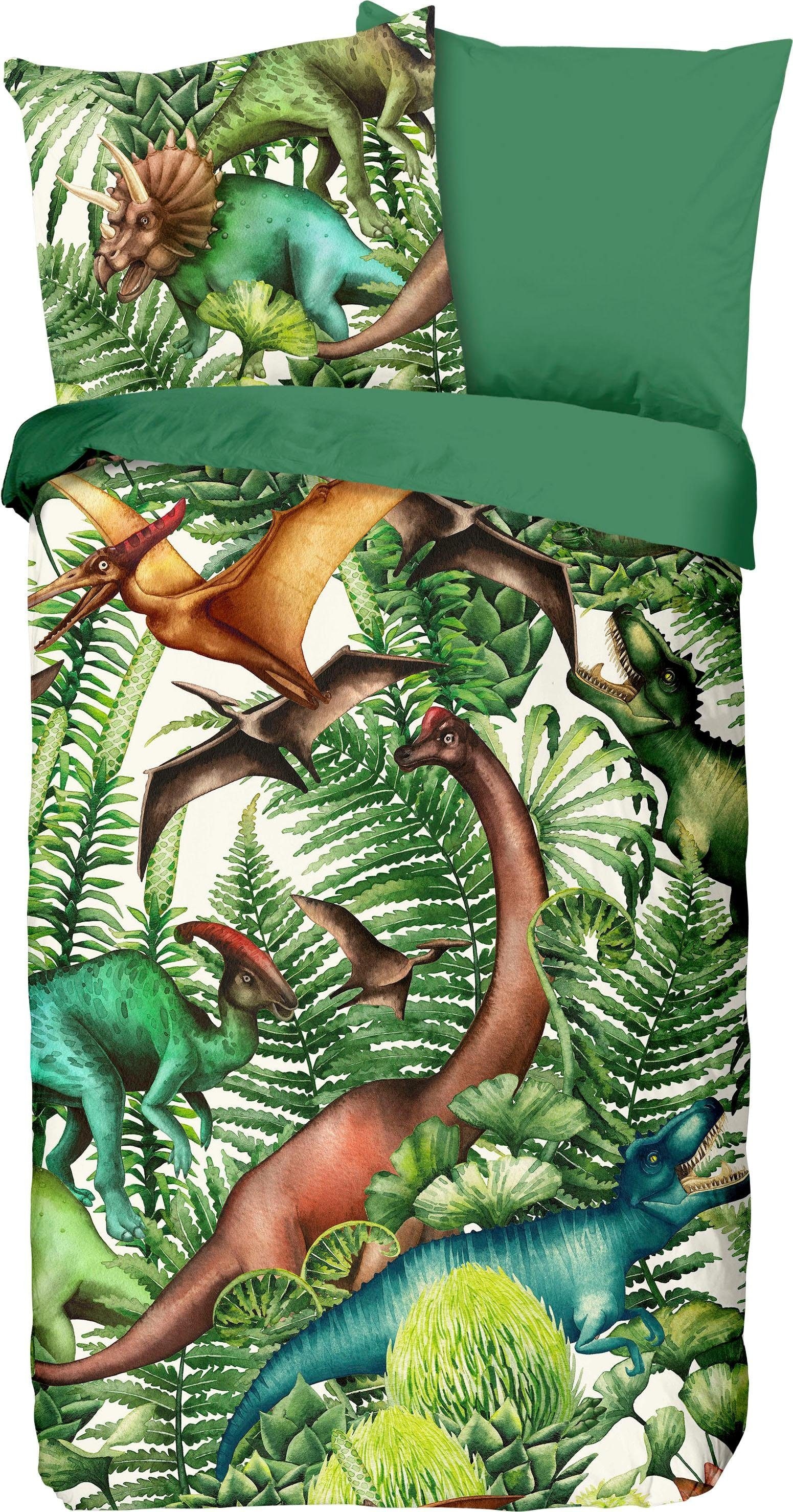 good morning Kinderbettwäsche »Prehistoric«, Baumwolle, 135x200, Reissverschluss, Wendeoptik, Kind, Junge, Dino Grün