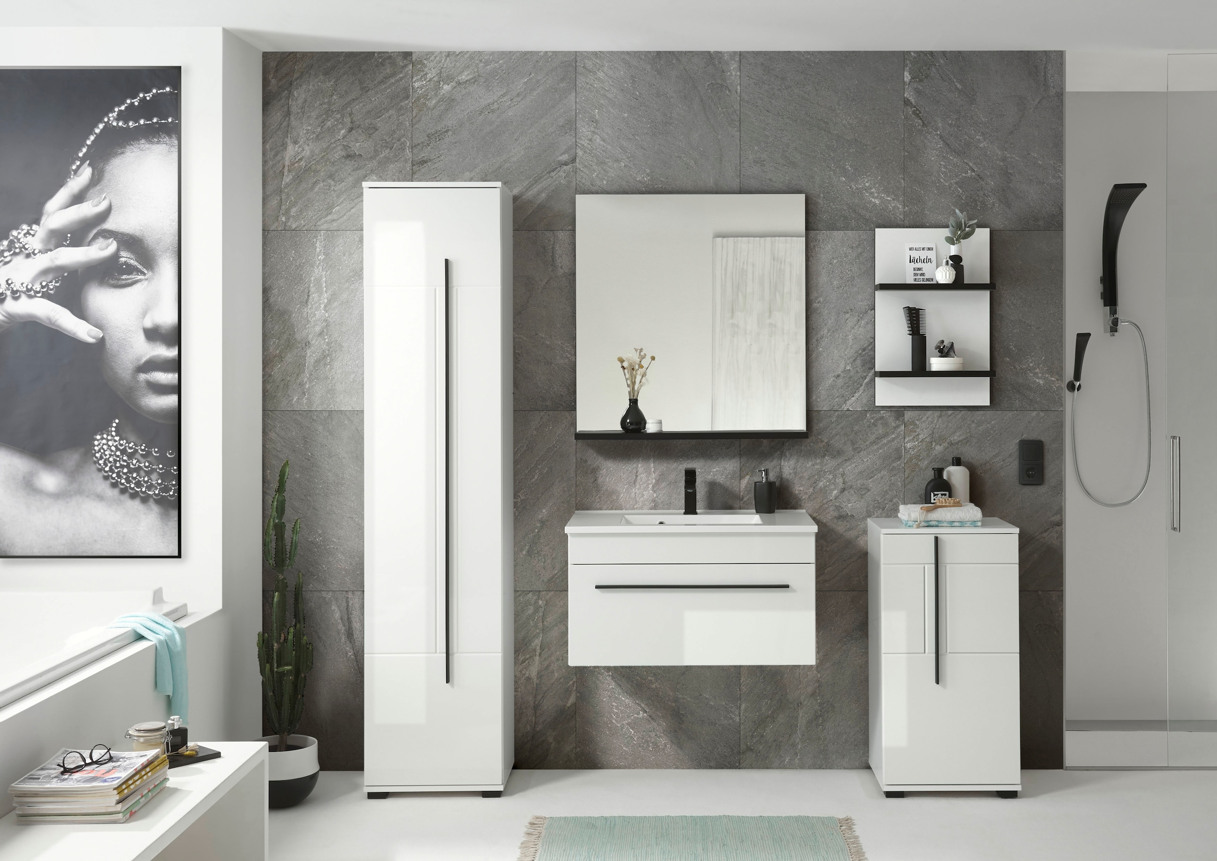 INOSIGN Badmöbel-Set »Cantara, Bad im modernen Design, 5-teiliges Badezimmer«, (Set, 5 St.), Waschtisch, Schränke, Hängeregal und Spiegel, in Weiss Hochglanz