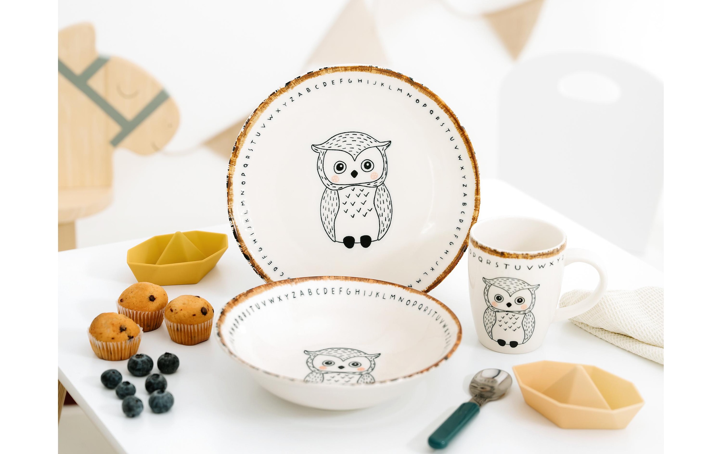 CreaTable Set de vaisselle pour enfants »Freunde des Waldes Eule Steinzeug, 3-tlg«