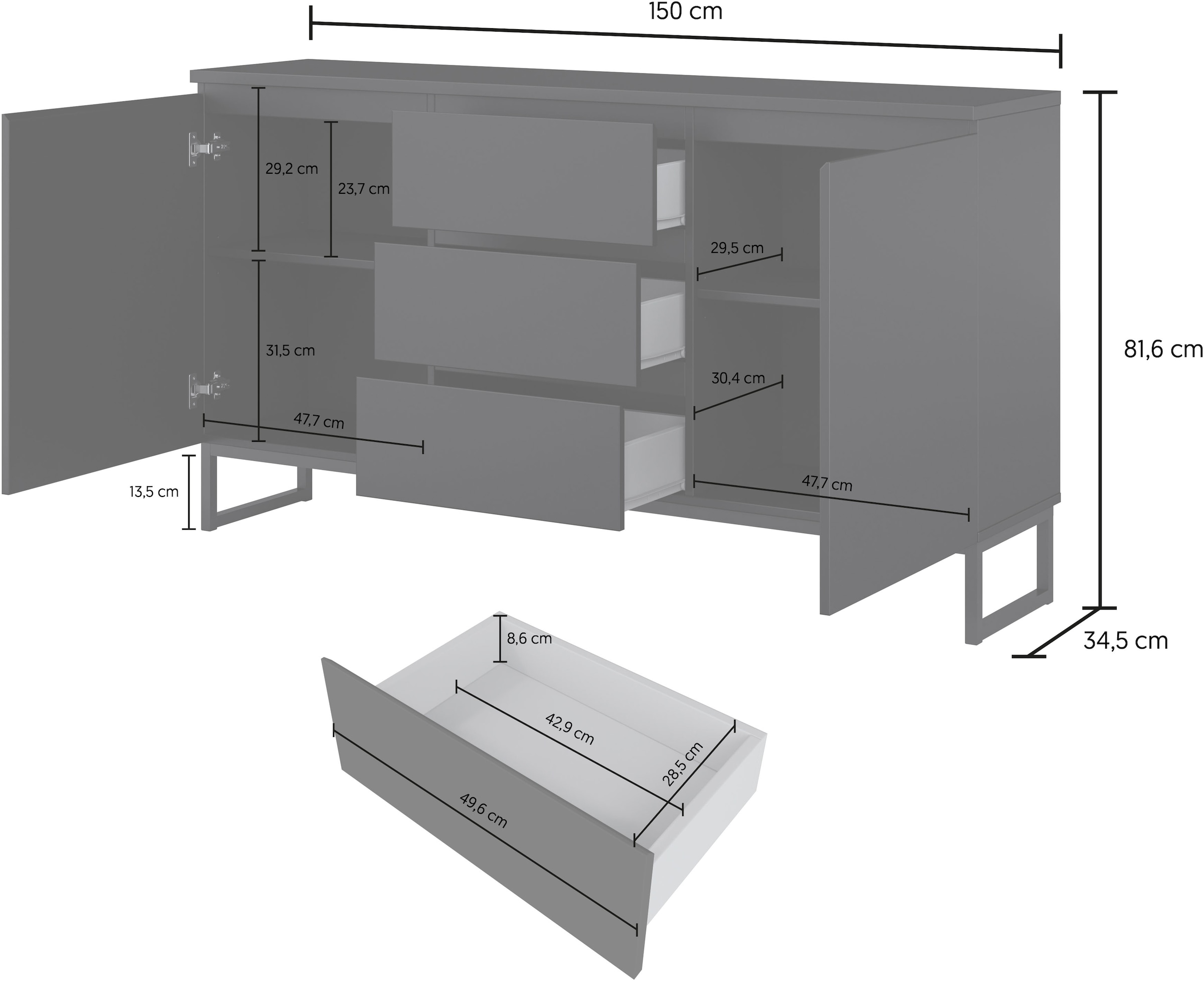 GOODproduct Buffet »Modo II, Breite 150 cm, moderne grifflose Kommode 2Türen/3 SK« commode à tiroirs avec beaucoup d'espace de rangement, étagères réglables, patins en métal