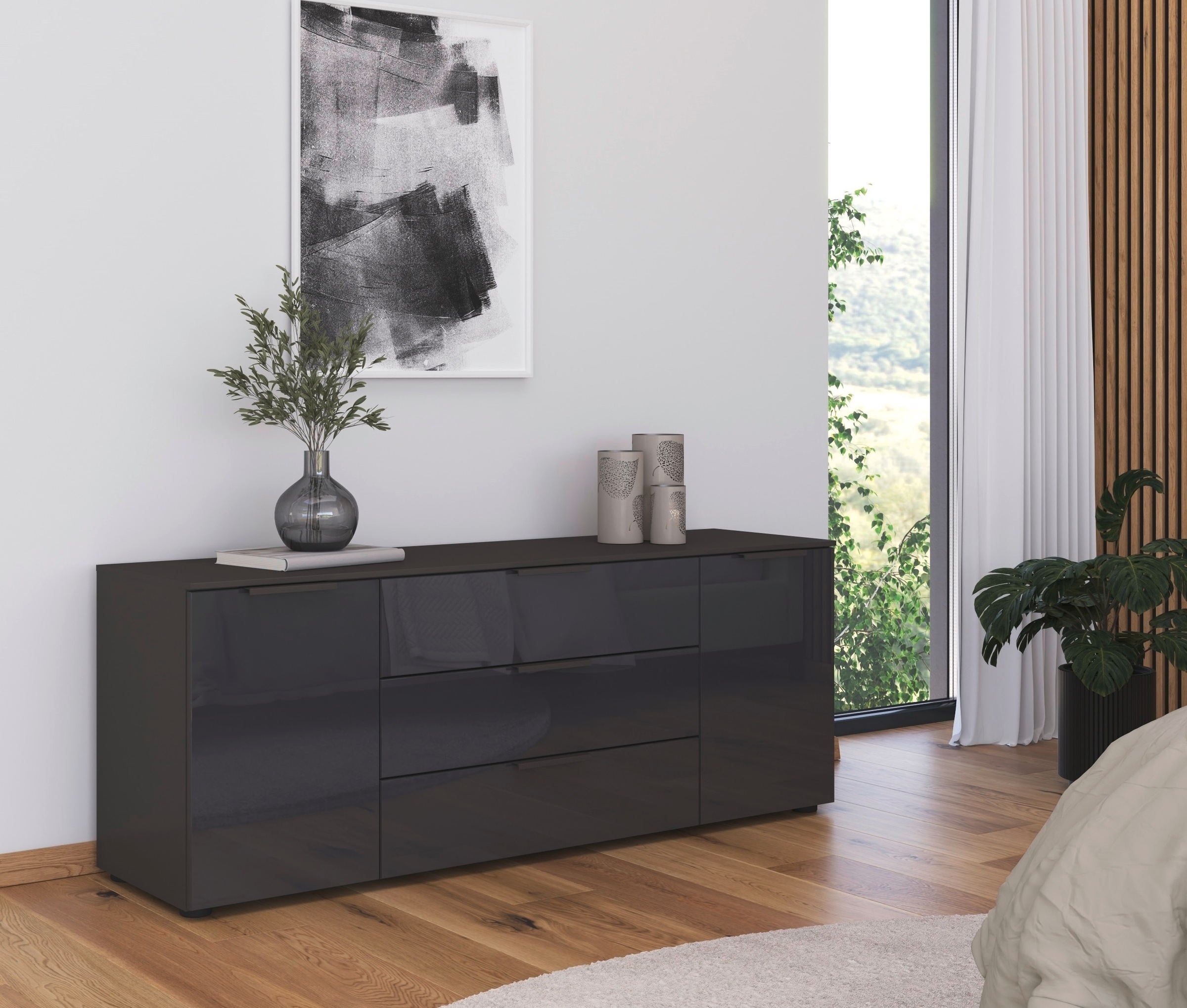 rauch Commode à tiroirs »Kommode Türkommode Sideboard Kombikommode FLIPP mit Glasfront« Largeur 160 cm avec 2 étagères,  2 portes avec 3 tiroirs et fonction soft-close ainsi que façade en verre