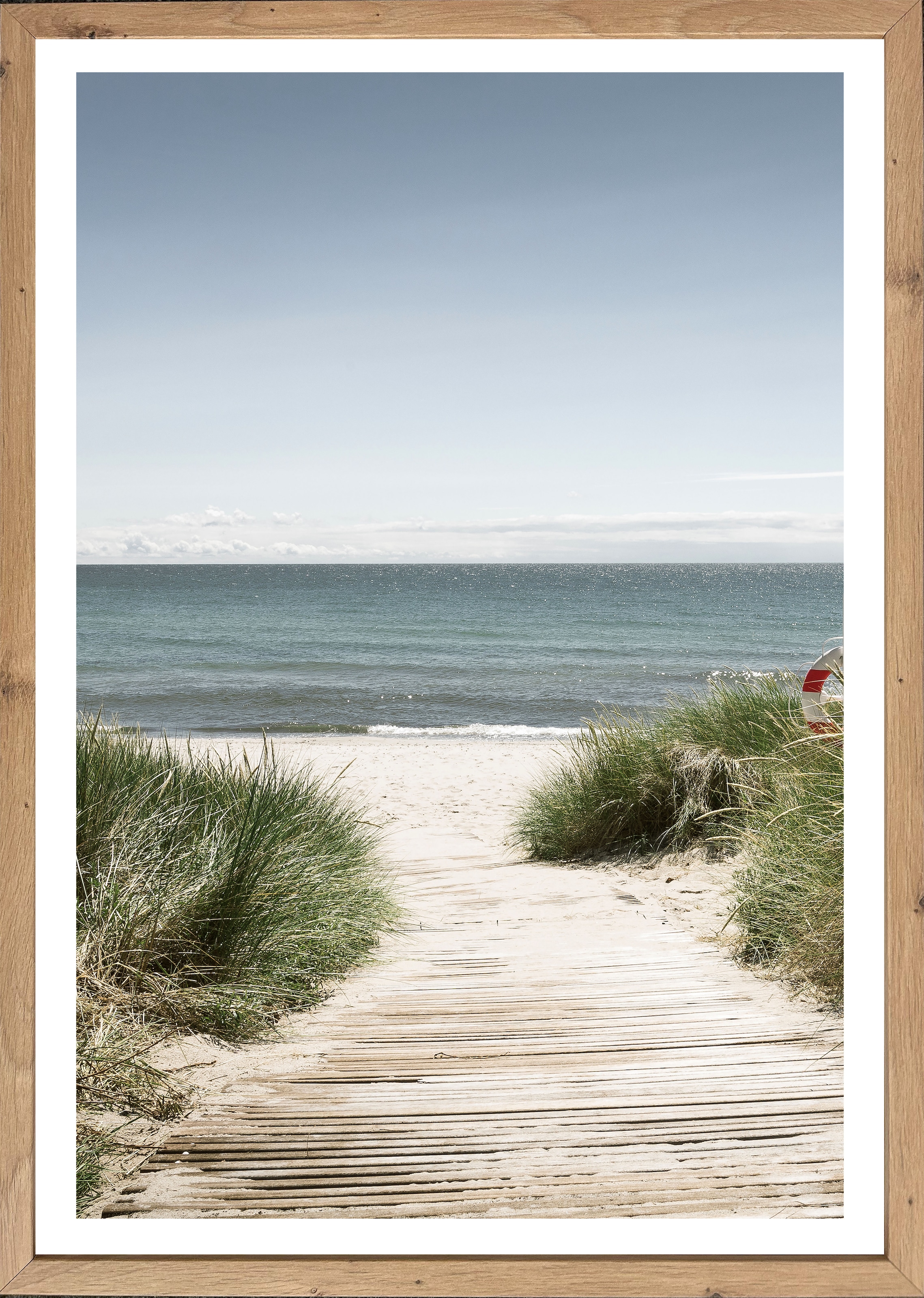 Image of Bönninghoff Bild mit Rahmen "Wandbild gerahmt STRANDWEG 50x70 cm – Holzsteg zum Meer im Scandi Stil" Düne Gräser Küste Landschaft Meer Natur Strand 1 Stk. tlg. mit dekorativem Rahmen