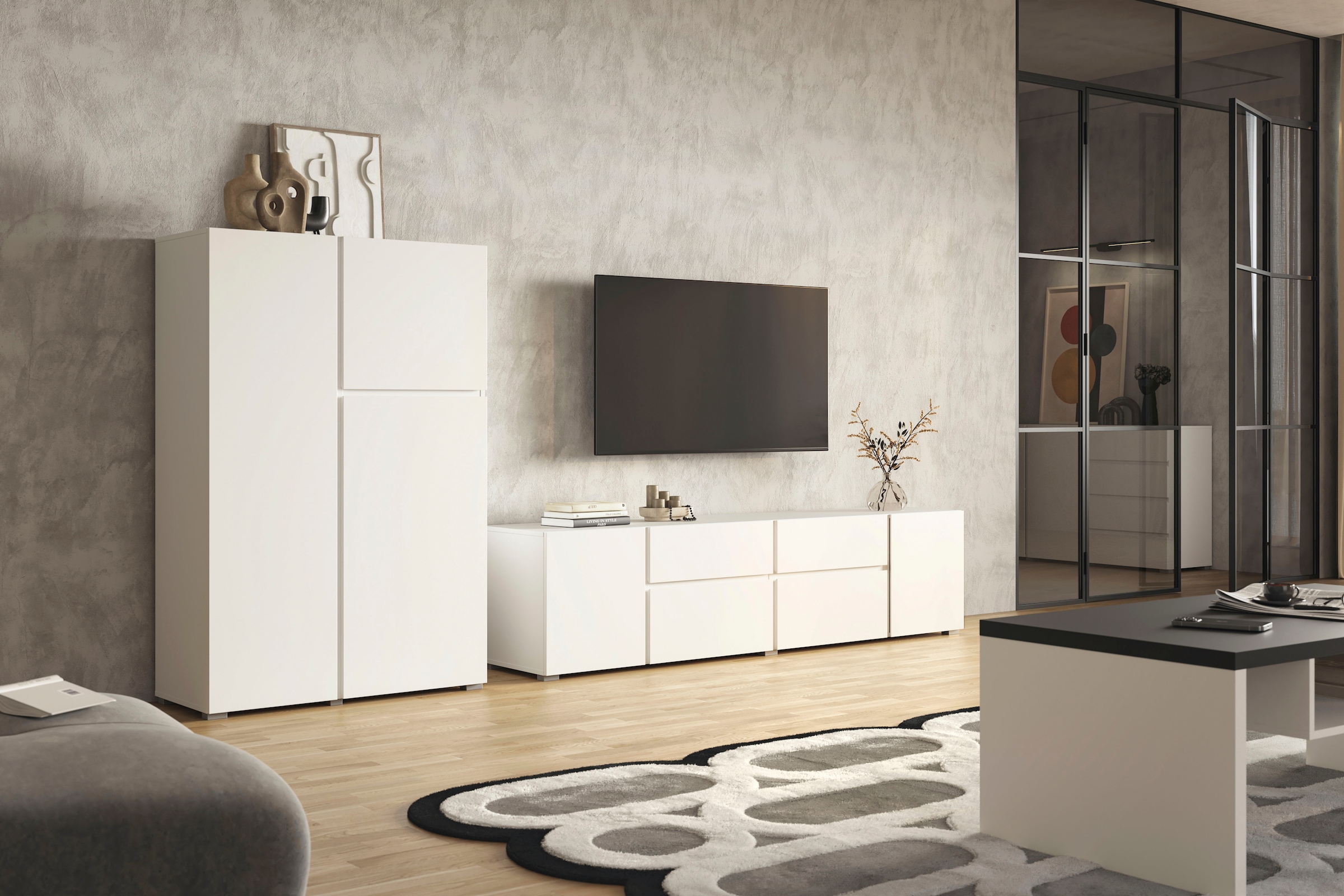 INOSIGN Lowboard »Asymetric, Breite 195 cm, grifflos, 2Klappen/2Schubkästen/2Tür«, TV-Schrank mit viel Stauraum, TV-Board