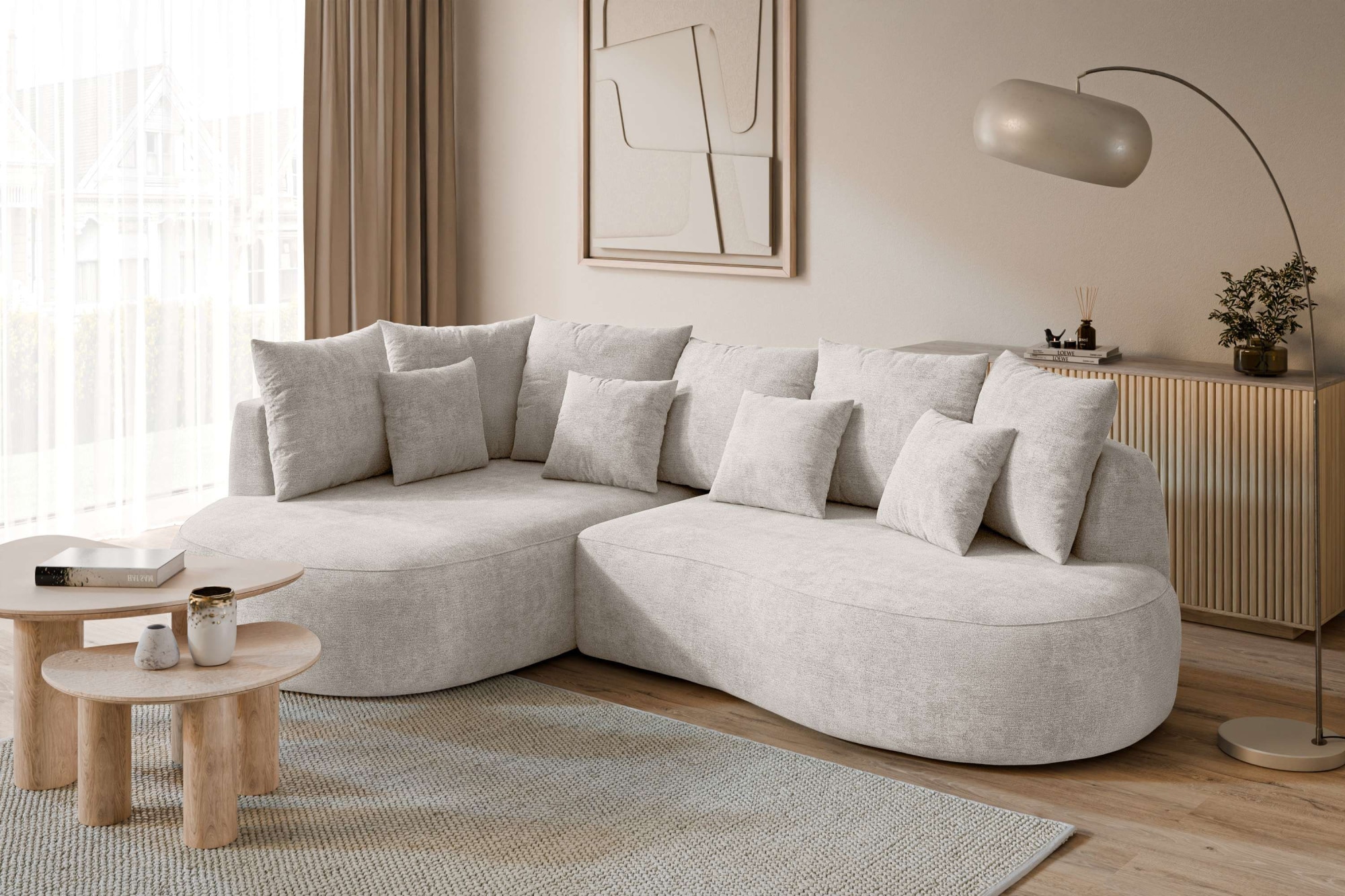 Image of homsy by Ana Johnson Ecksofa "PEBBLA L-Form mit vielen Kissen, modernes Design, Bezug- Struktur" Breite 267 cm, Design-Sofa mit Ottomane recht/links bestellbar