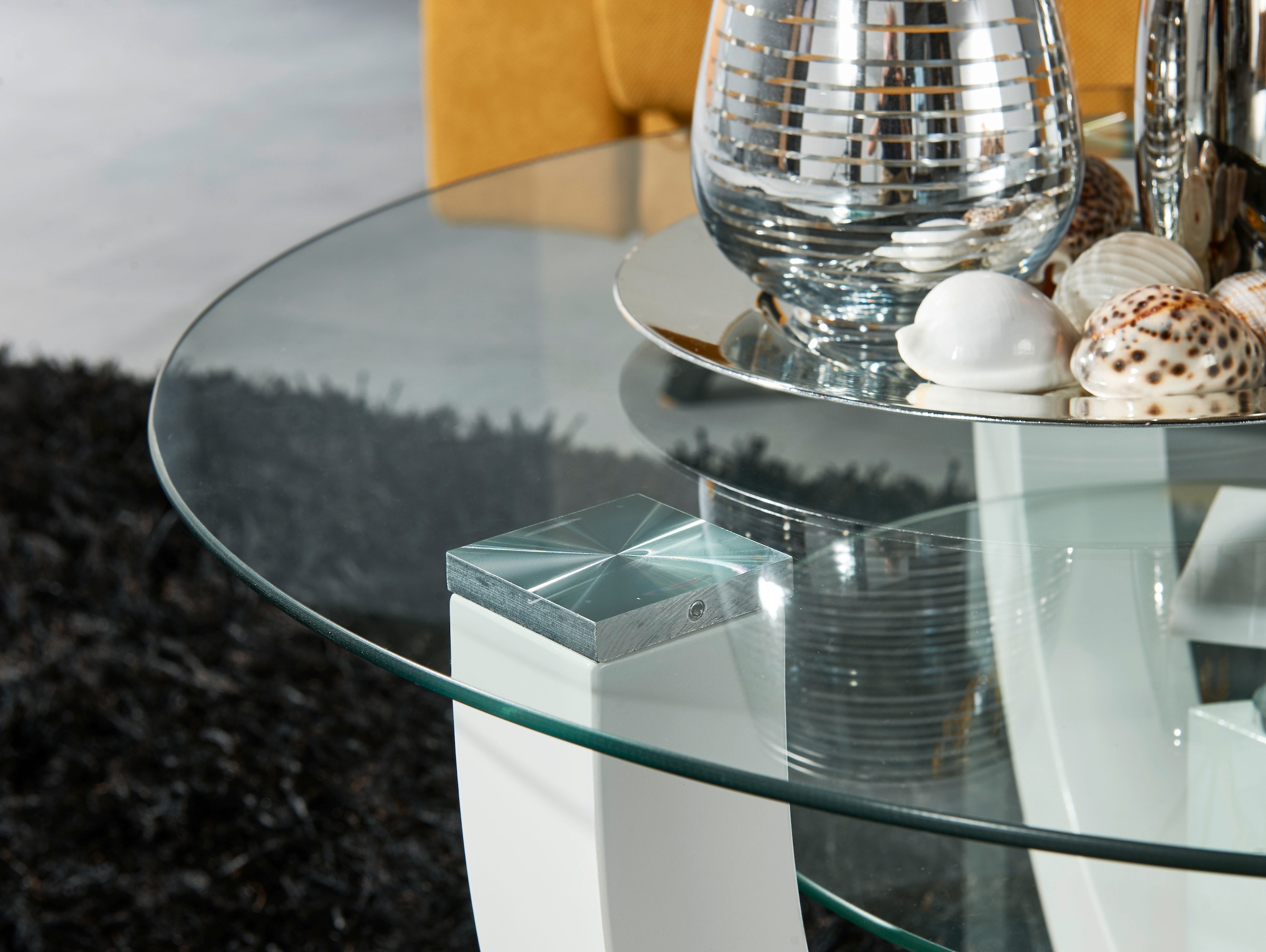 HBZ Couchtisch »Denver, TOPSELLER!«, (Couchtisch), rund mit Glas, Tisch -Gestell weiss hochglanz