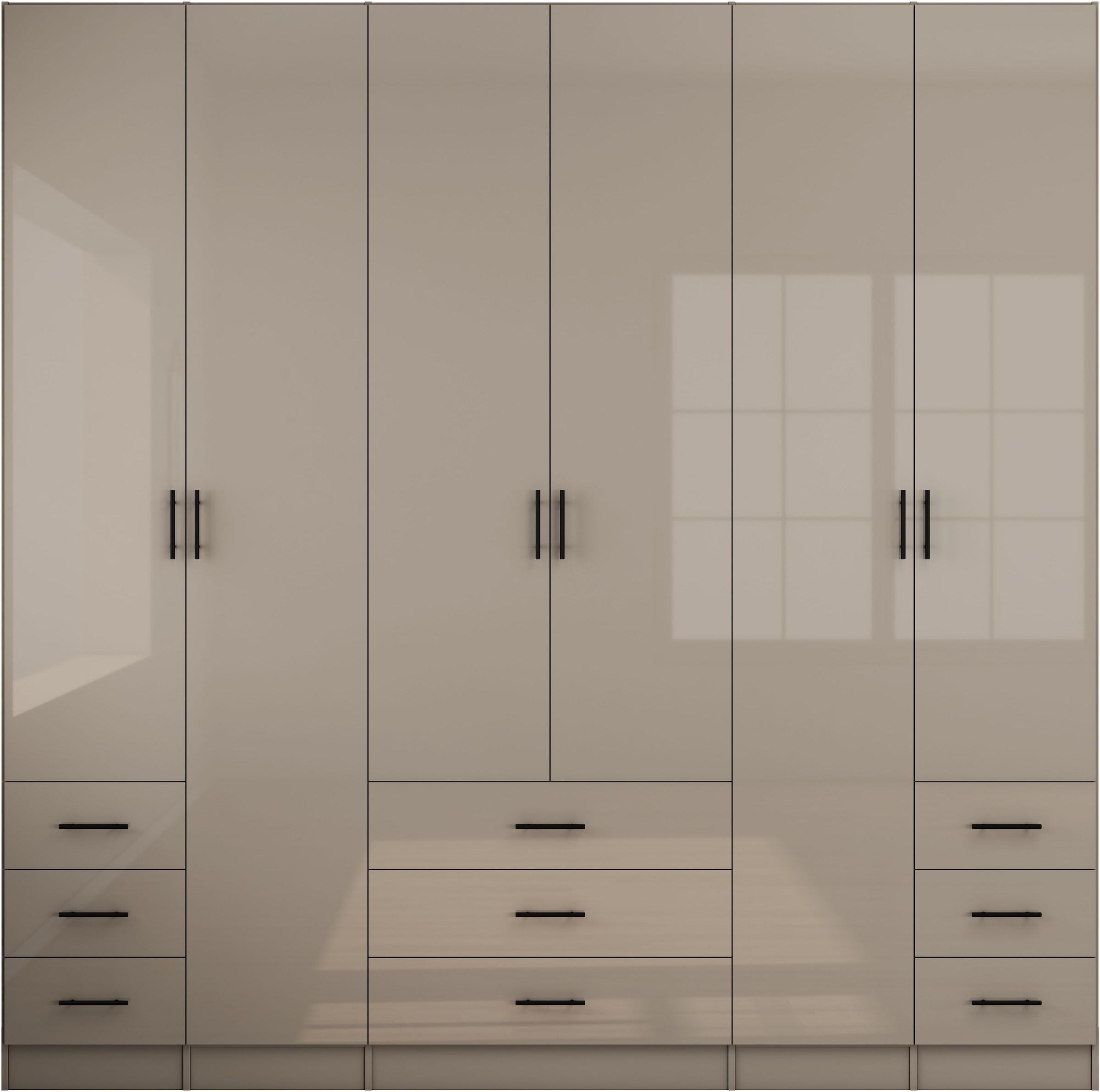GOODproduct Armoires à vêtements »Trento Schlafzimmerschrank Garderobe hochglanz« in 2 unterschiedlichen Schrankhöhen wählbar,  Schrank mit 6 Türen und 9 Schubladen, Hochglanz-Fronten, 2,39m Höhe