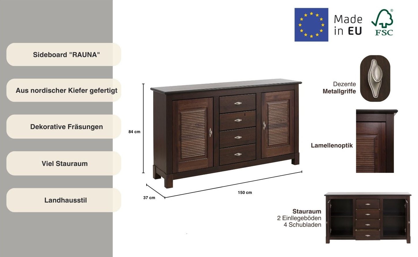 Home affaire Sideboard »Rauna«, (B/T/H: 150/37/84 cm), Kommode, FSC®-zertifiziertes Massivholz, Breite 150 cm