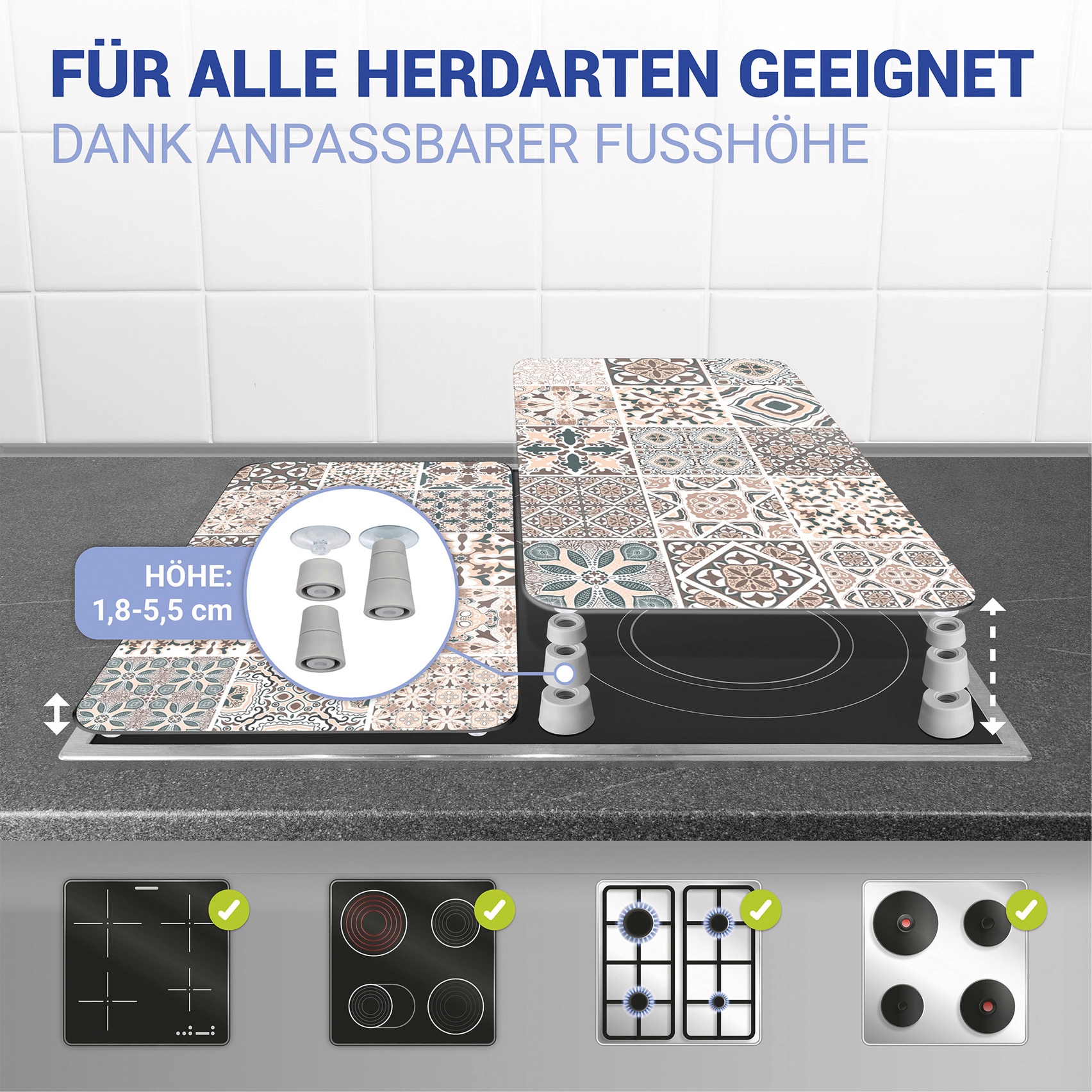 WENKO Herd-Abdeckplatte »Universal Modell Kachel«, (2 tlg.), Herdabdeckung für alle Herdarten, kratzfest, mit rutschfesten Füssen
