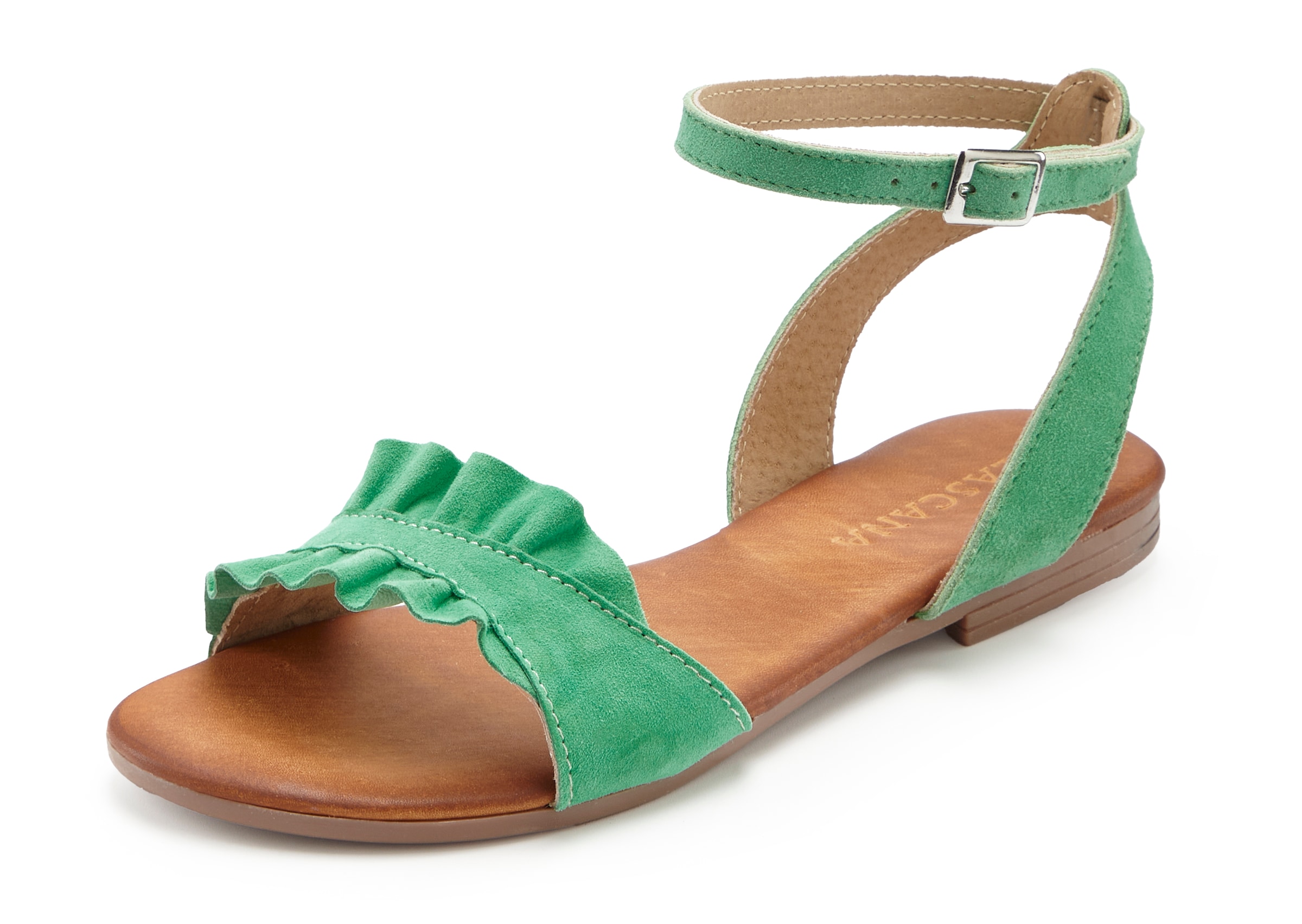 LASCANA Sandale »Sommerschuh«  Sandalette, Sommerschuh aus hochwertigem Leder mit kleinen Rüschen