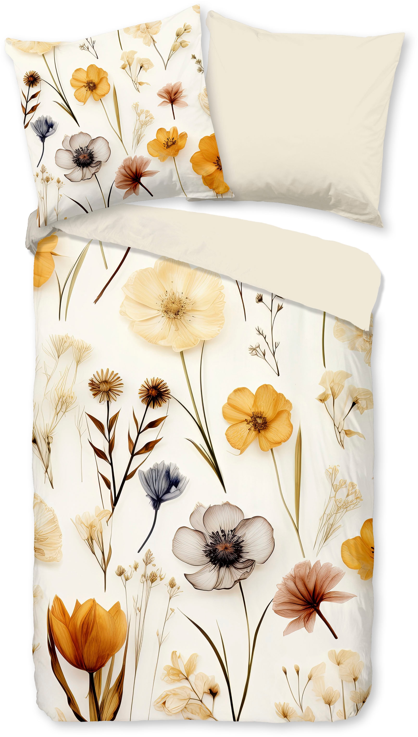 good morning Wendebettwäsche »Lara«, 100% Baumwolle, Renforcé, Reissverschluss, Wendeoptik, Blumen, Sand