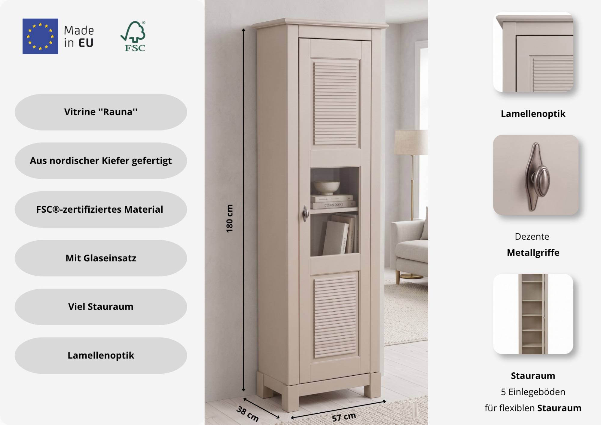 GOODproduct Vitrine »Rauna Vitrinenschrank, Stauraumchrank« Höhe 180 cm, aus massiver Kiefer, FSC®-zertifiziert