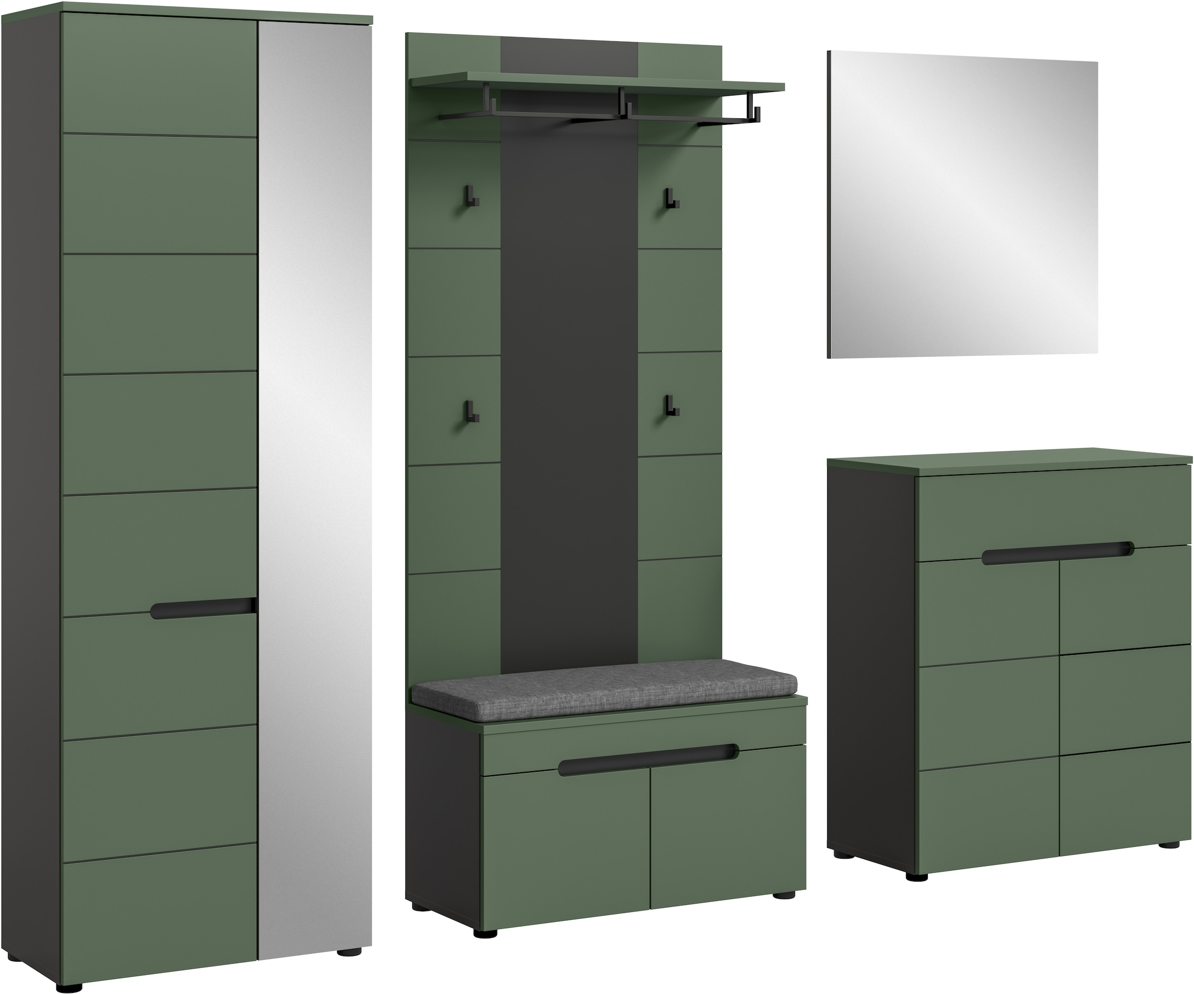 Image of Home affaire Garderoben-Set "REHAT, TOPSELLER, 5-teilig, Breite 255 cm, individuell erweiterbar" Set, bestehend aus: Schrank, Sitzbank, Sitzkissen, Paneel, Spiegel, Kommode, 6 Stk. tlg.
