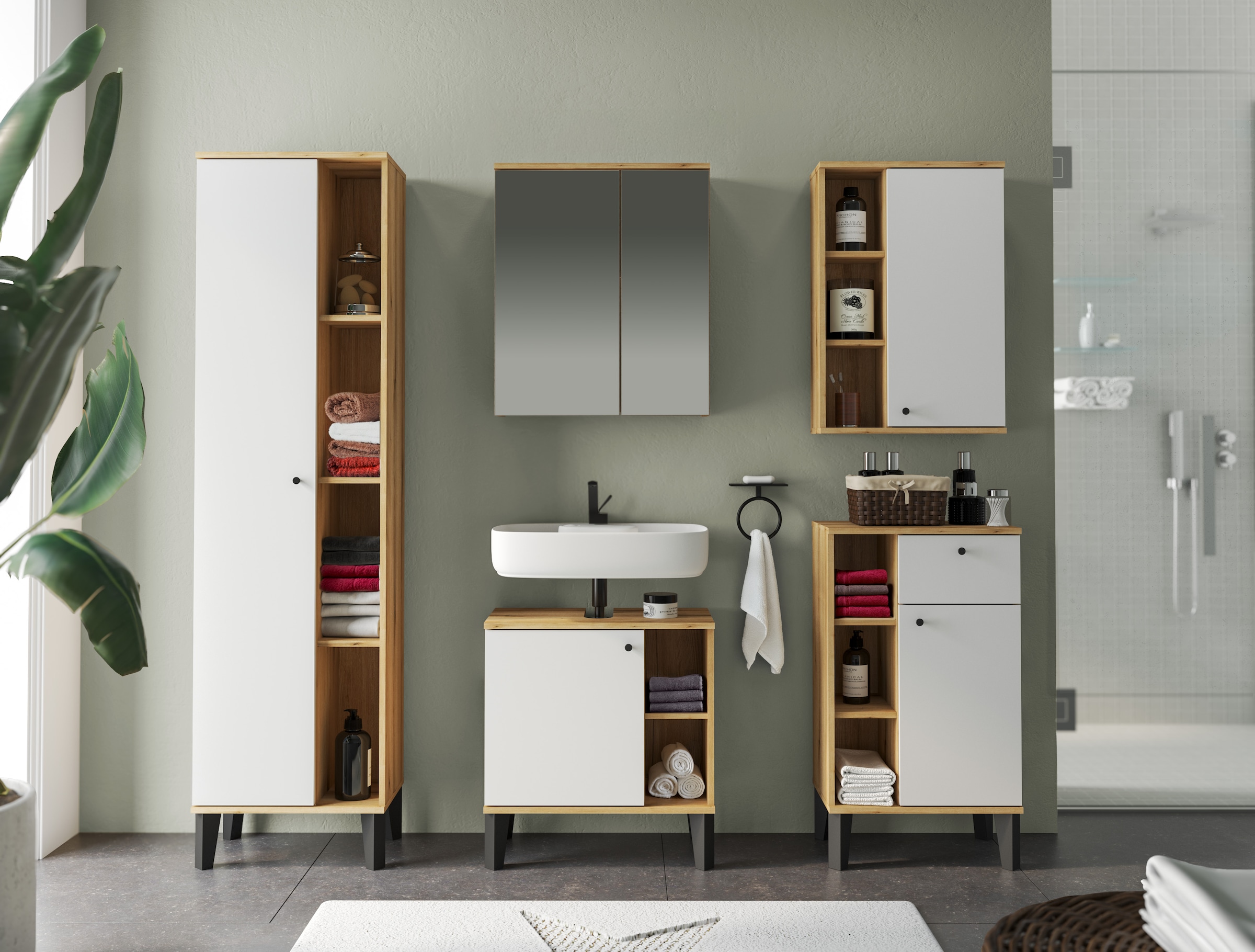 INOSIGN Armoire de rangement »Oslo, Badschrank mit Knopfgriff, Hochschrank im skandinavischen Design« in der Türfarbe Weiss oder Grau verfügbar, ausreichend Stauraum