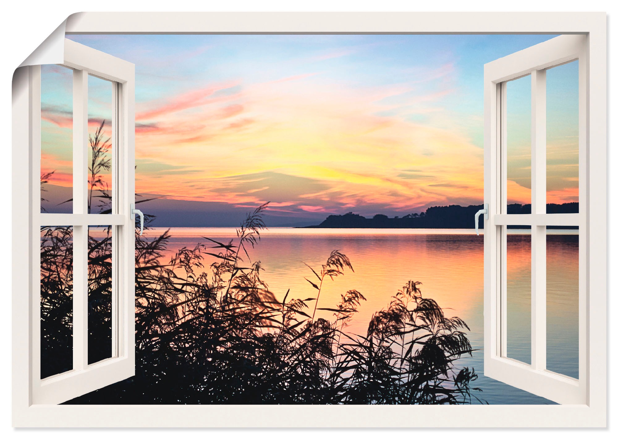 Image of Artland Wandbild »Fensterblick - Abendrot im Schilf«, Fensterblick, (1 St.), in vielen Grössen & Produktarten -Leinwandbild, Poster, Wandaufkleber / Wandtattoo auch für Badezimmer geeignet bei Ackermann Versand Schweiz