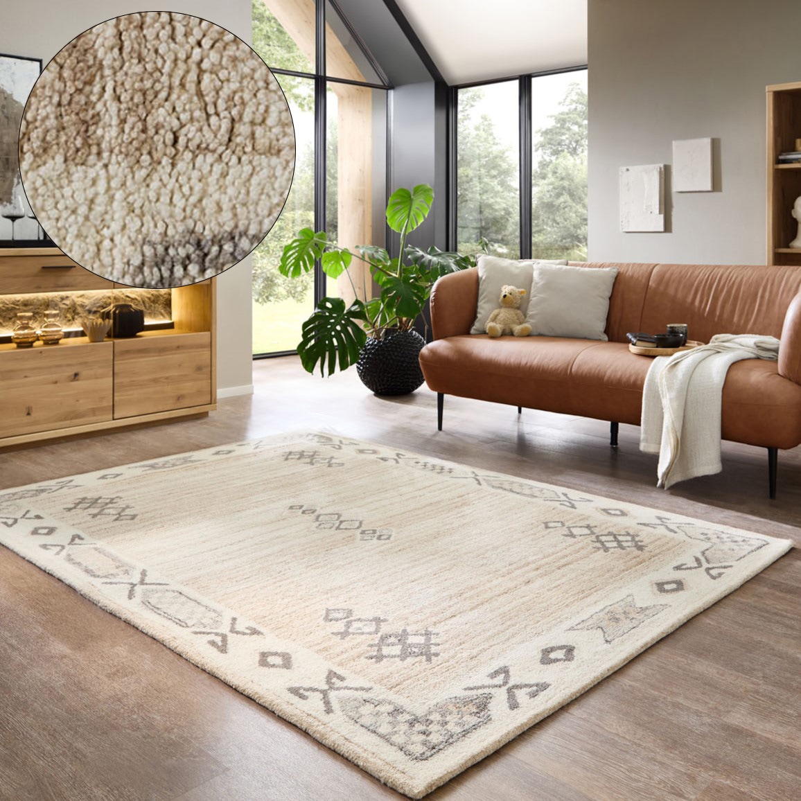 THEKO Wollteppich »Royal Berber« rechteckig 18 mm Höhe Berber Optik, gemustert, reine Wolle, mit Bordüre Wohnzimmer