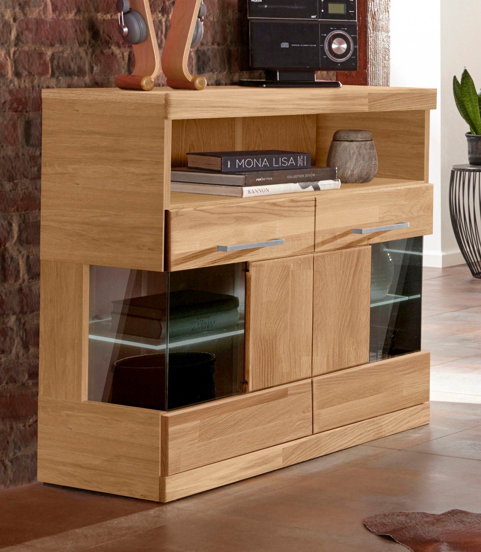 Image of GOODproduct Kommode "Ribe 85cm breit,35 cm tief, Fronten Massivholz,2 Türen mit Glaseinsatz" Holz massiv, Holzwerkstoff,3 breite Fächer
