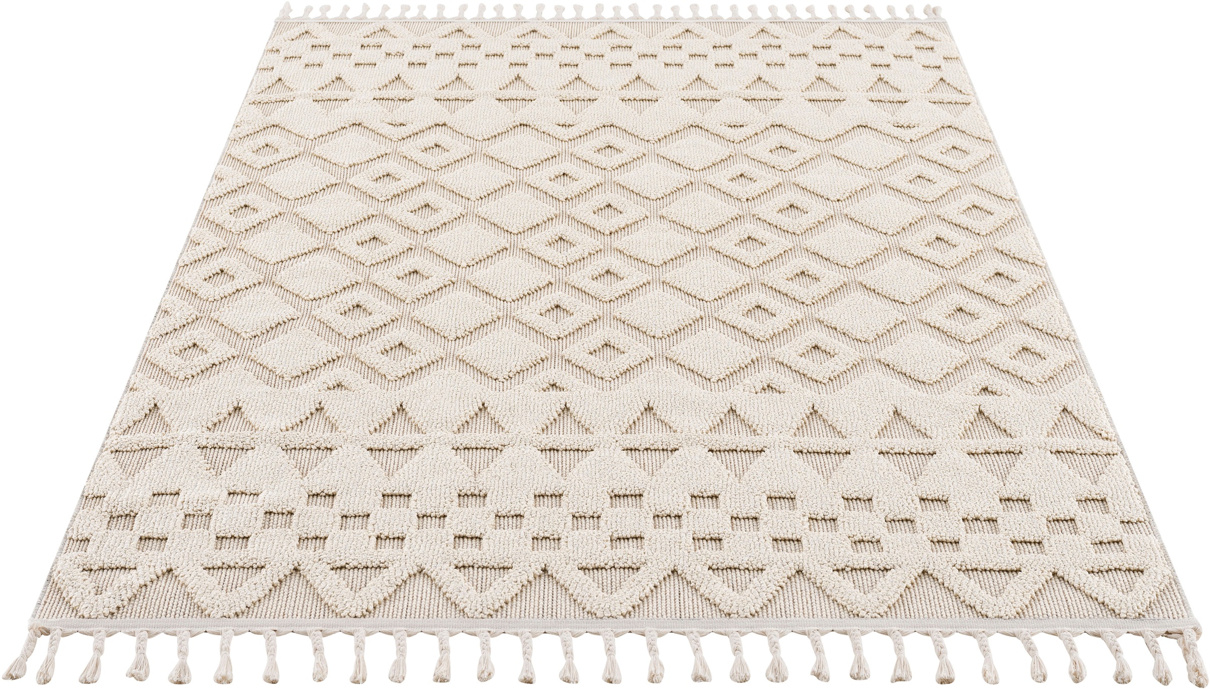 Image of DELAVITA Teppich »Juliane«, rechteckig, 18 mm Höhe, Hoch-Tief-Struktur, mit Woll-Look, Boho Stil, Rauten Design, mit Fransen, ideale Teppiche fürs Wohnzimmer, Schlafzimmer, Esszimmer bei Ackermann Versand Schweiz