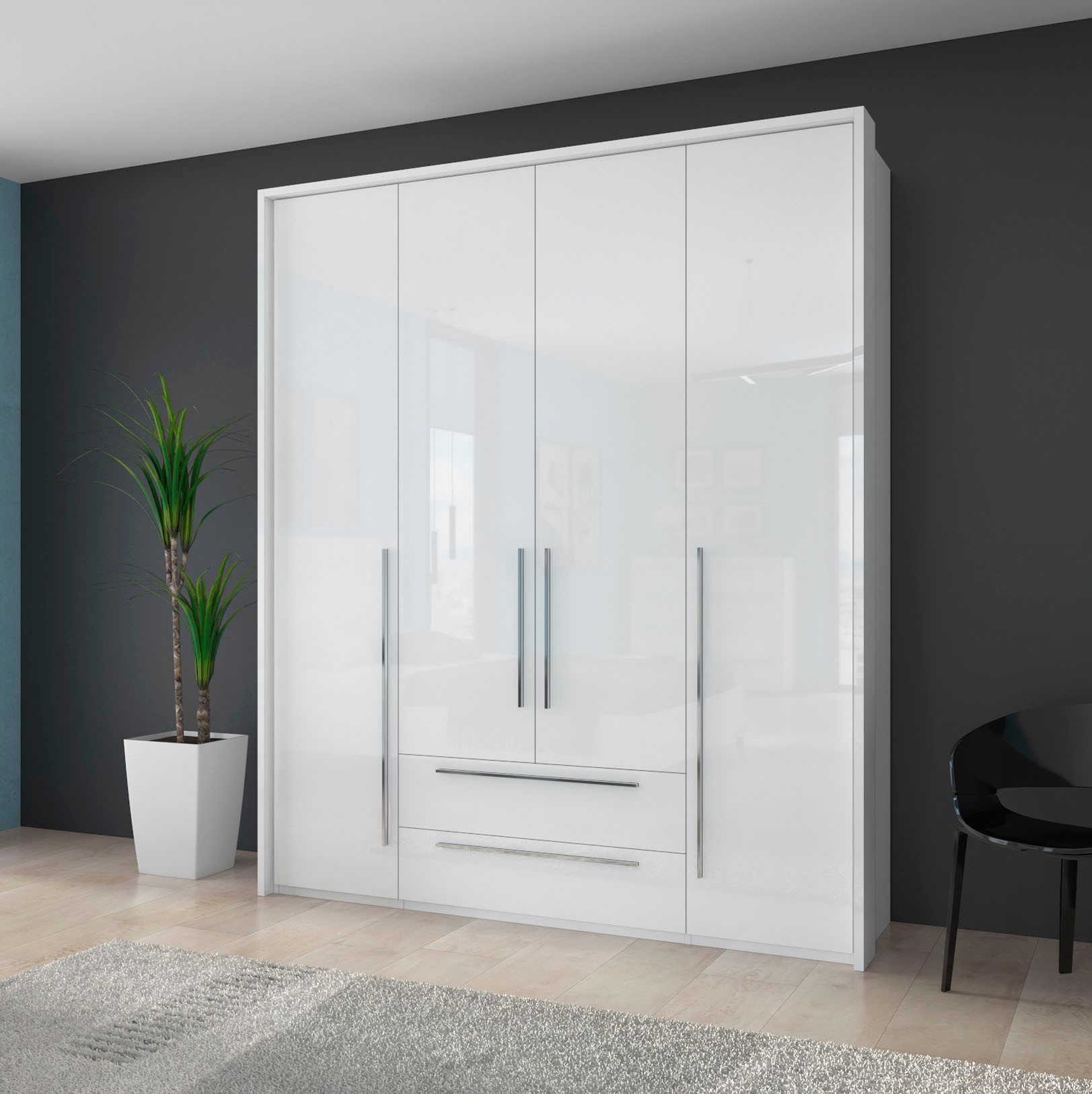 Image of GOODproduct Drehtürenschrank "Piano, inklusive Rahmen und Beleuchtung, soft-close-Funktion" viele Breiten zur Auswahl, 226cm hoch, mit jeweils 2 Schubladen, beige oder weiss, UV lackiert, Hochglanzfronten, FSC-zertifiziert