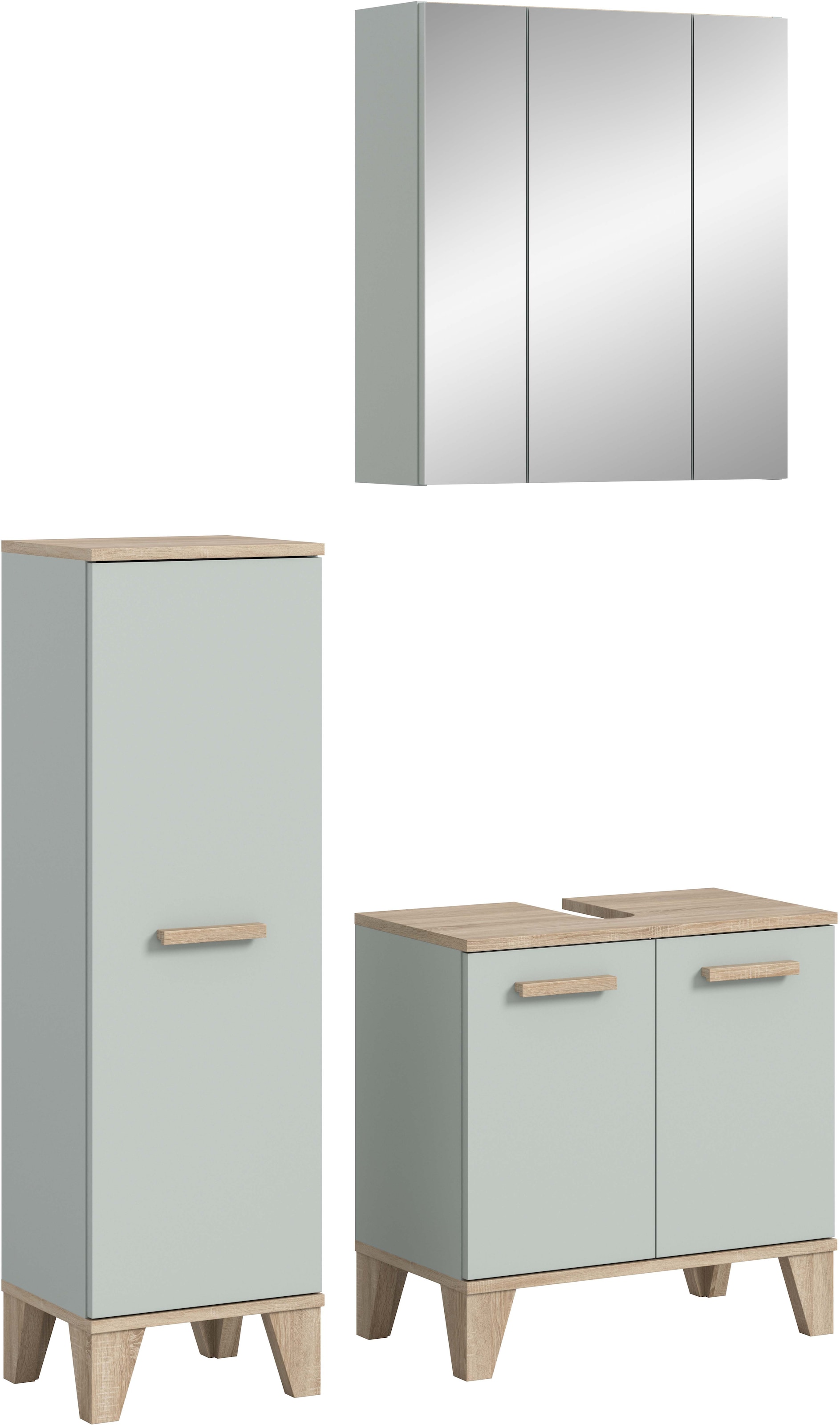 Image of welltime Badmöbel-Set "MINTTU, 3-teilige moderne Badkombination im SCANDI-Look" bestehend aus: Midischrank, Waschbeckenunterschrank & Spiegelschrank, 3 Stk. tlg.