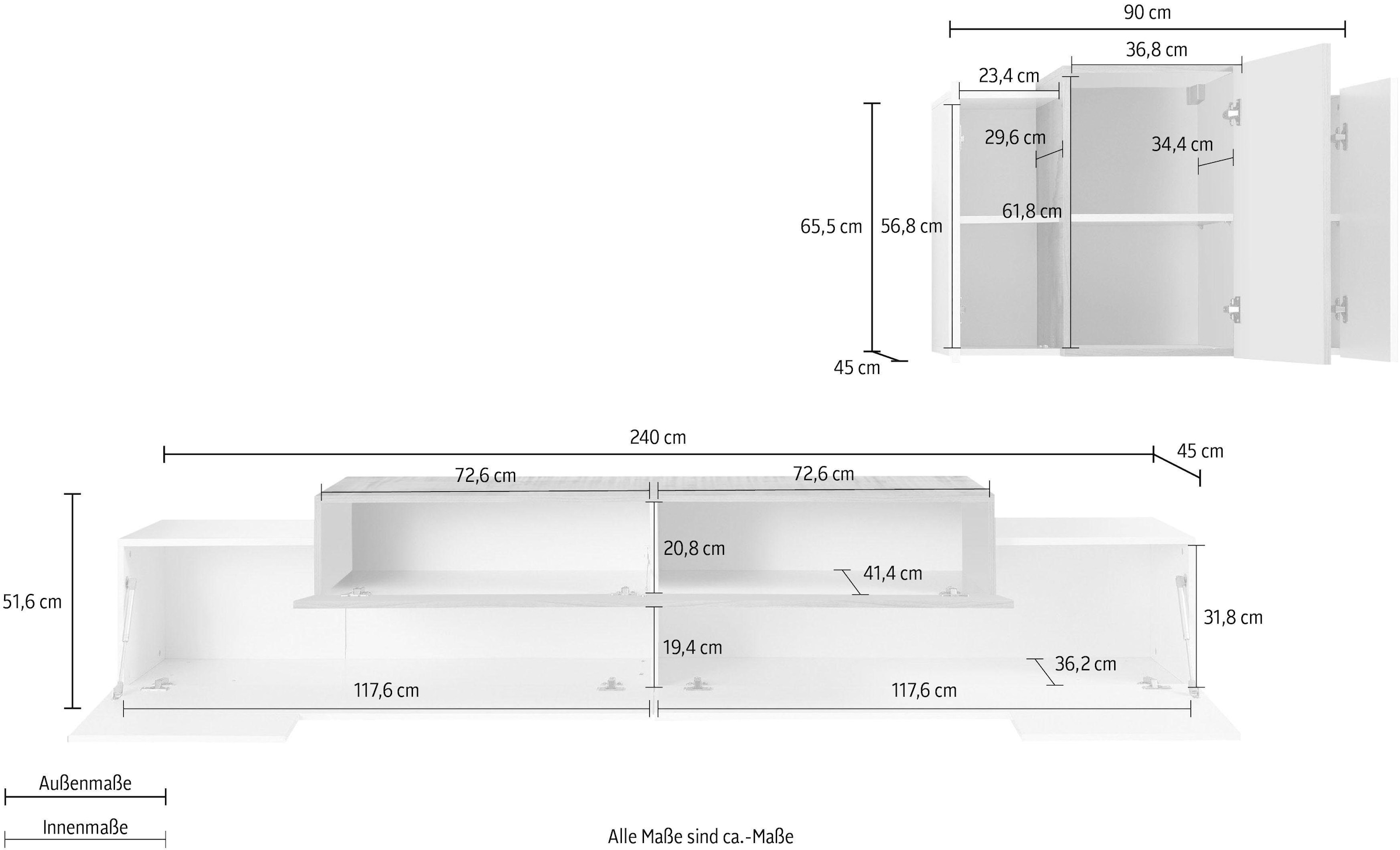 INOSIGN Wohnwand »Coro, Anbauwand, Medienwand«, (Set, 2 St.), Lowboard 4 Fächern Breite 240 und Hängeschrank 6 Fächern Breite 90