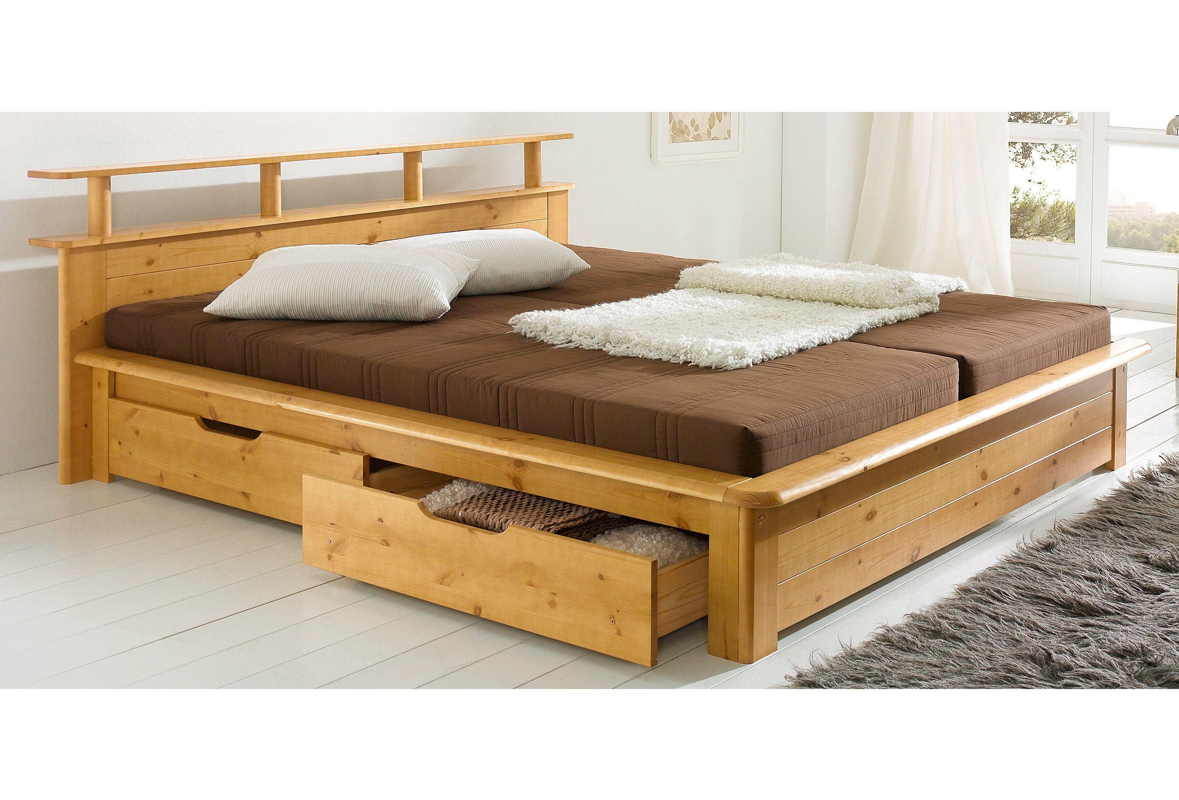 OTTO home Funktionsbett ""FINJA " Kieferbett, Futonbett, Kopfteil mit Ablagefläche" zertifiziertes Massivholz, Schubkästen optional