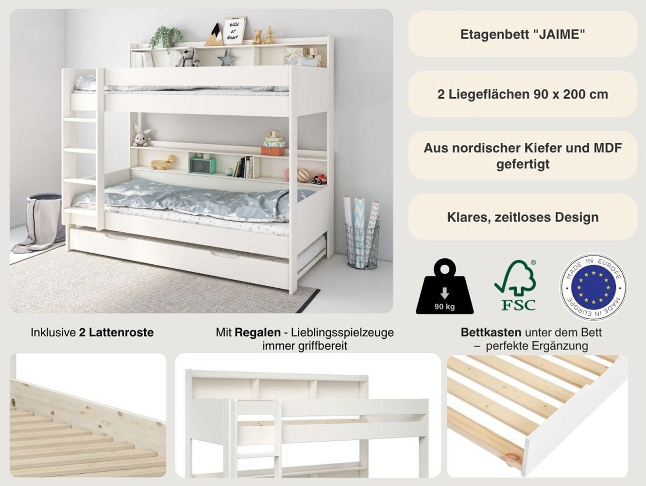 GOODproduct Etagenbett »JAIME, TOPSELLER! Stockbett, mit Regalen, Schublade optional« ca. 186x115x204 Höhe/Breite/Länge,  FSC® zertifiziertes Massivholz, viel Stauraum und Abstellfläche