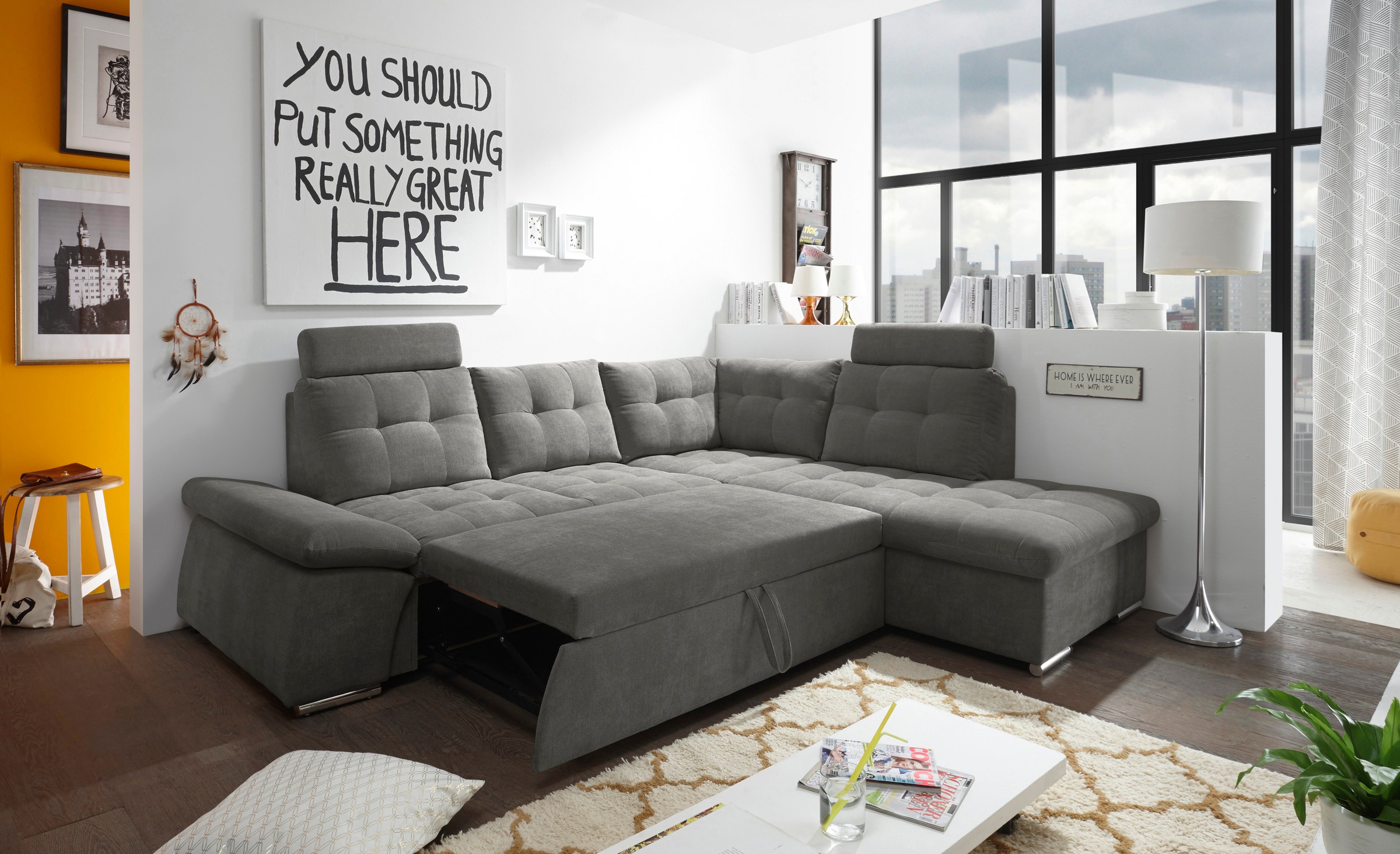 ED EXCITING DESIGN Ecksofa »Nalo L-Form«, mit Bettfunktion, Armteilverstellung, Kopfstützen & 2 Nierenkissen