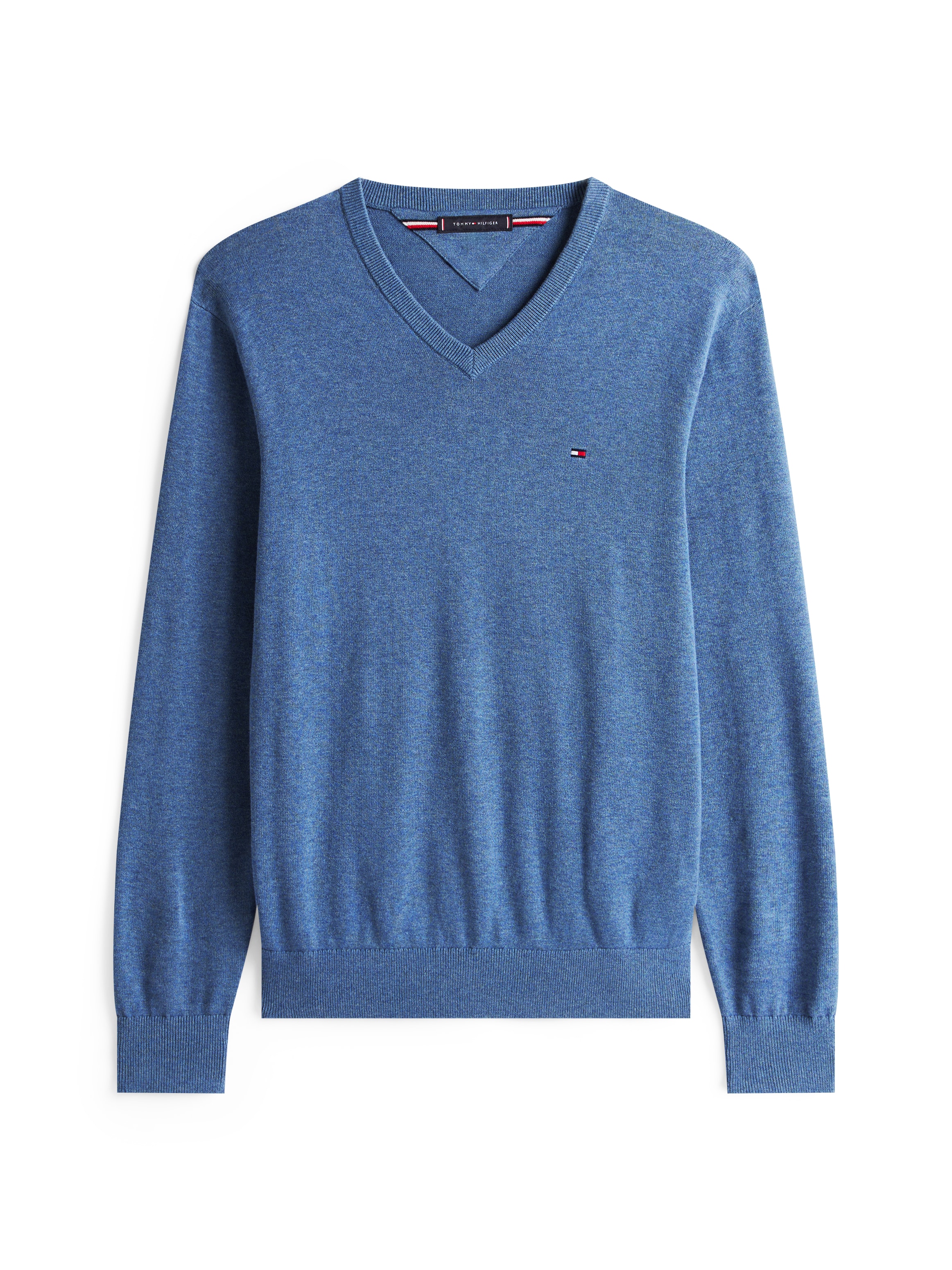 Tommy Hilfiger Strickpullover »ESSENTIAL COTTON V NECK mit V-Ausschnitt und Stickerei«, unifarben, casual, regular fit, Baumwolle, V-Ausschnitt