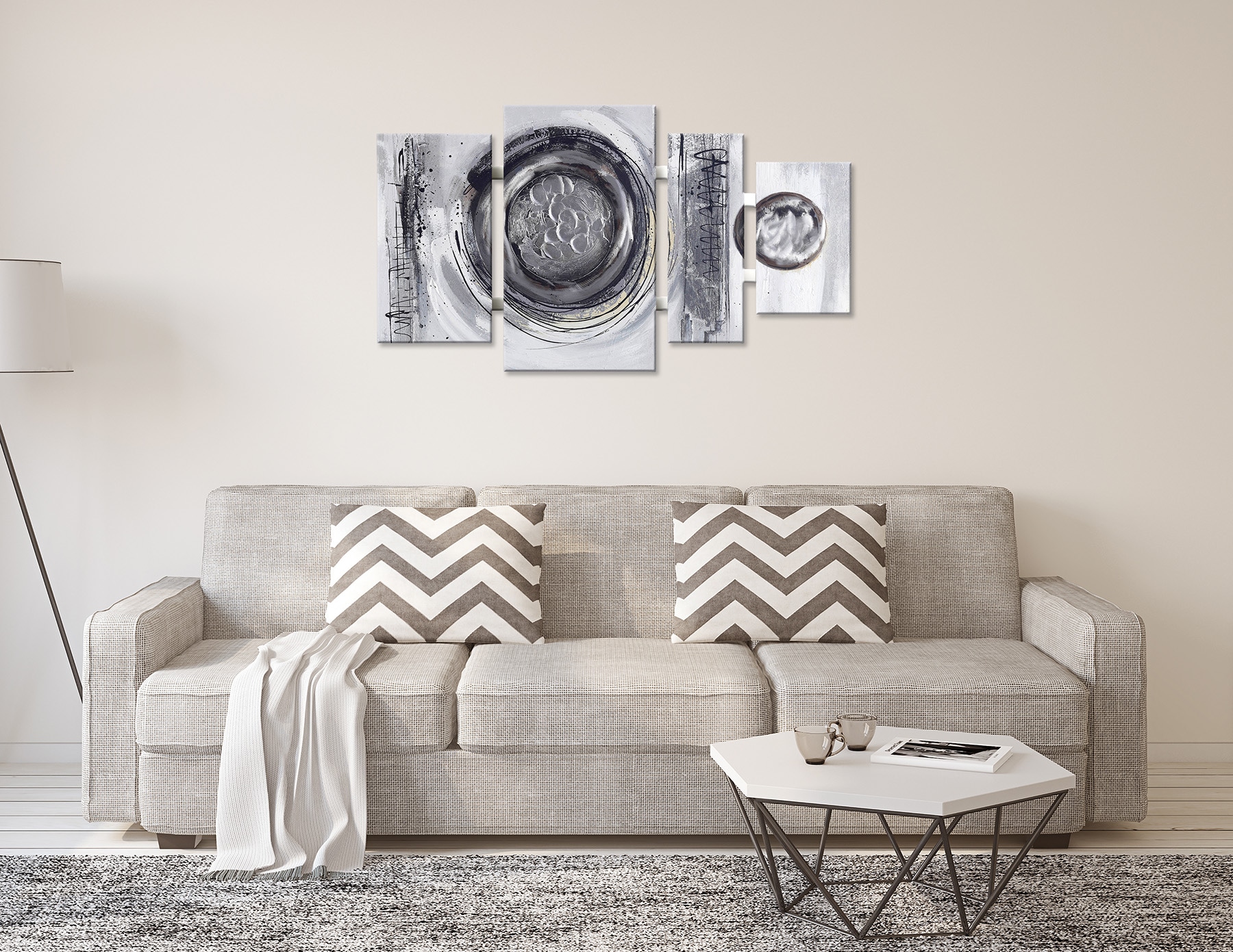 Bönninghoff Ölgemälde »handarbeit 4-teilig KREISE GRAU 70x124 cm – Wandbild Deko« Abstrakt | Abstrakte | Formen | Gemälde | Kunst 1 Stk. tlg. handgefertigt, jedes Bild ein Unikat