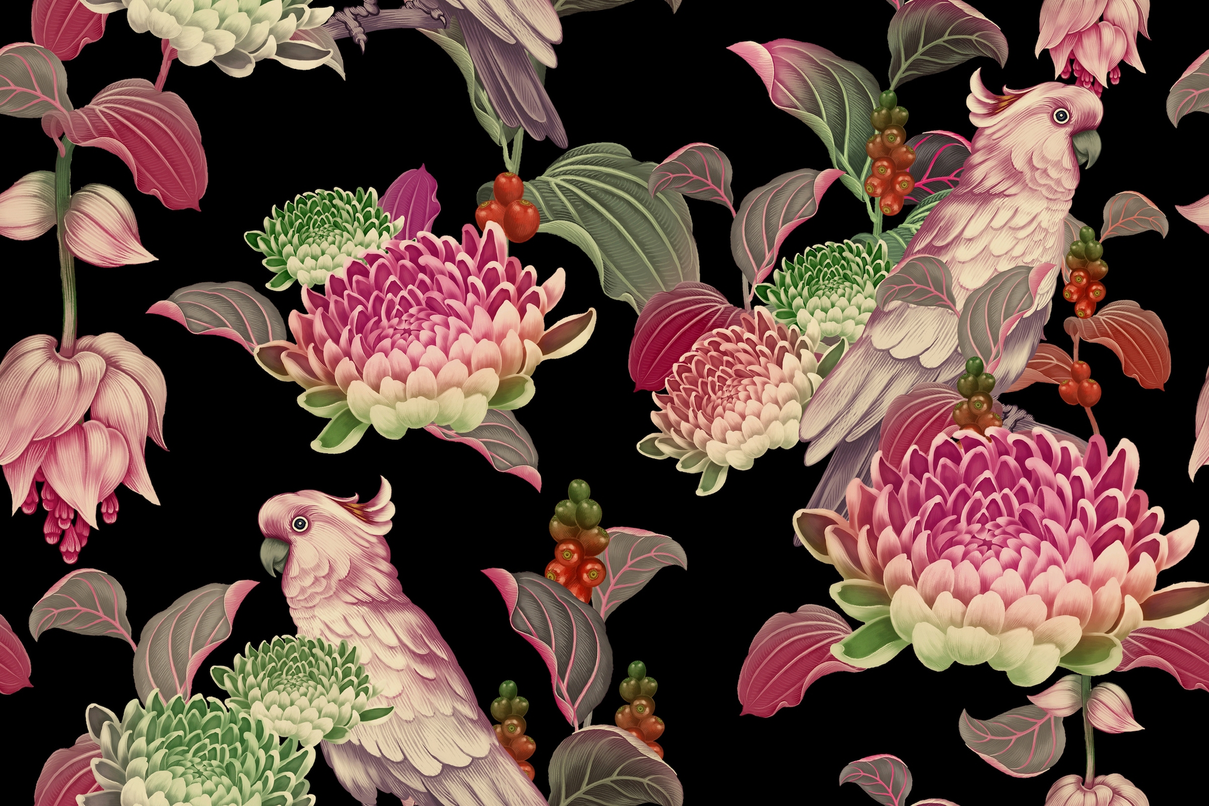 Papermoon Fototapete »BLUMEN PAPAGEI ARRANGEMENT«