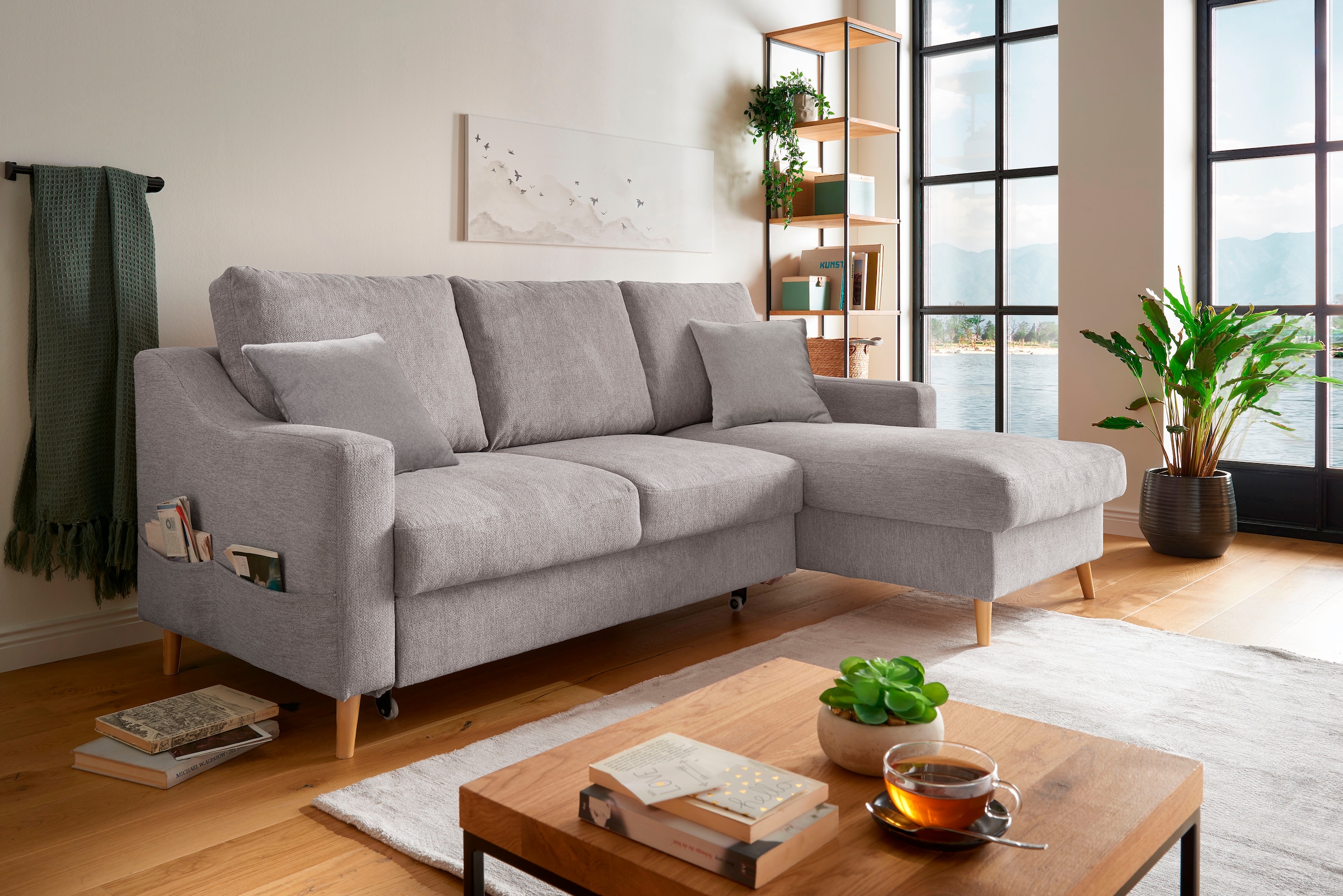 Home affaire Canapé d'angle »Valentina L-Form« 2 Zierkissen, mit Seitentasche, ausziehbarer Liegefläche, Bettkasten