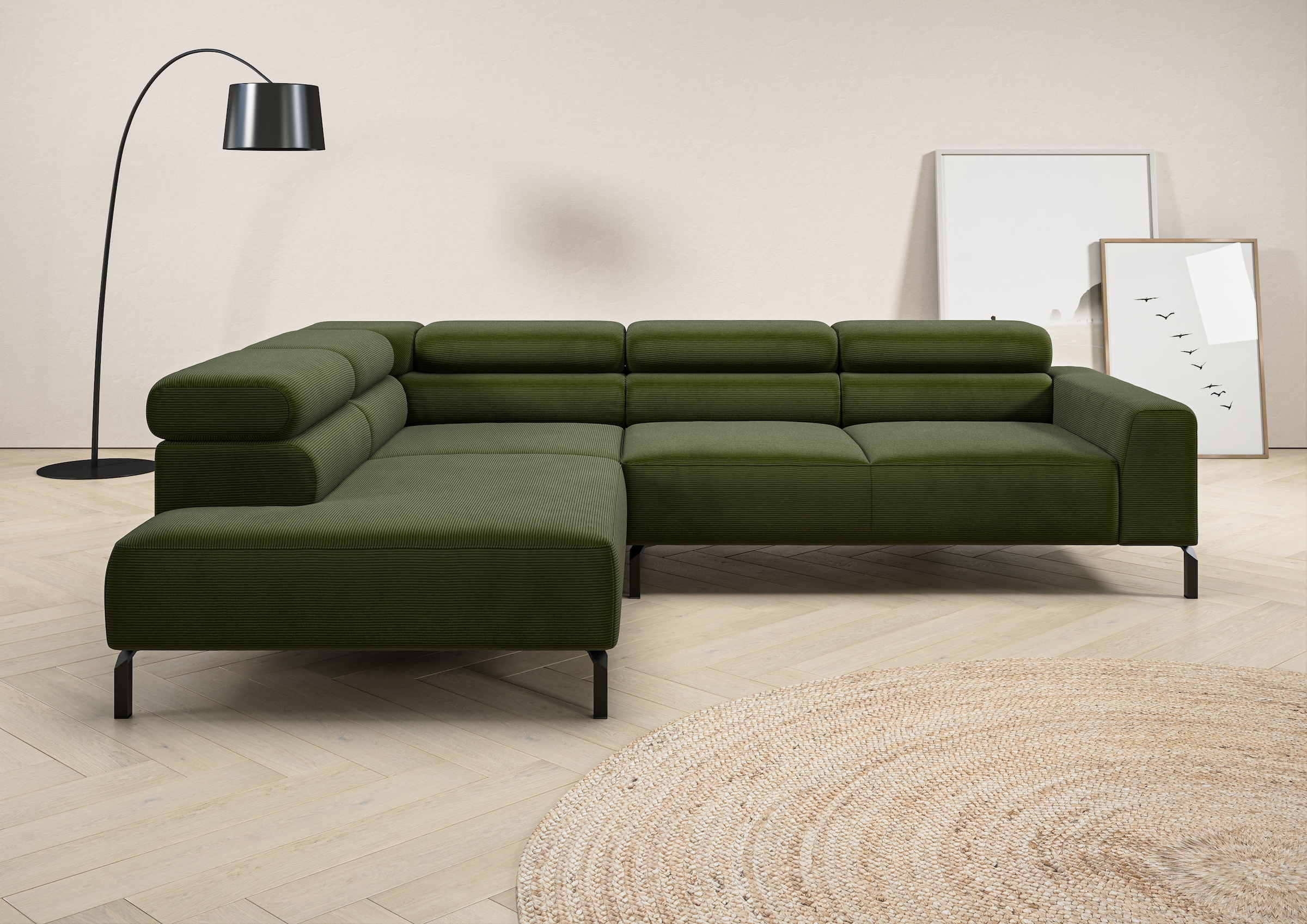 Image of Home affaire Ecksofa "Antonelli, L-Form, inkl. Kopfteilverstellung, Breite 276 cm, bequem" mit elektrischer Sitztiefenverstellung, in Feincord, moos