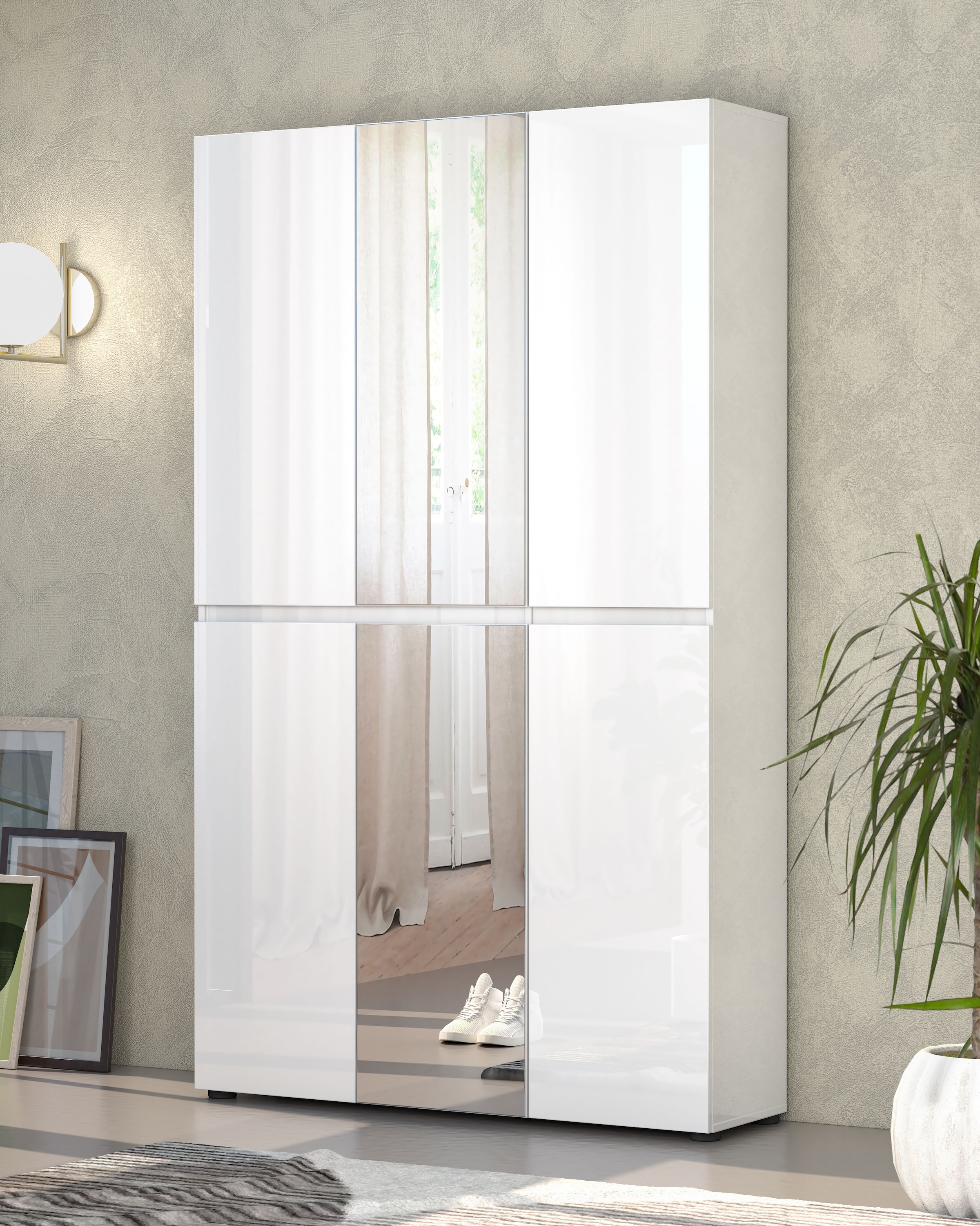 Image of Home affaire Schuhschrank "Mister,Schuhkommode,Schuhmöbel,Schuhablage,Schuhregal" Breite 120 cm, Höhe 200 cm, Tiefe 34 cm, 6 Türen, 24 Fächer, 2 Spiegel