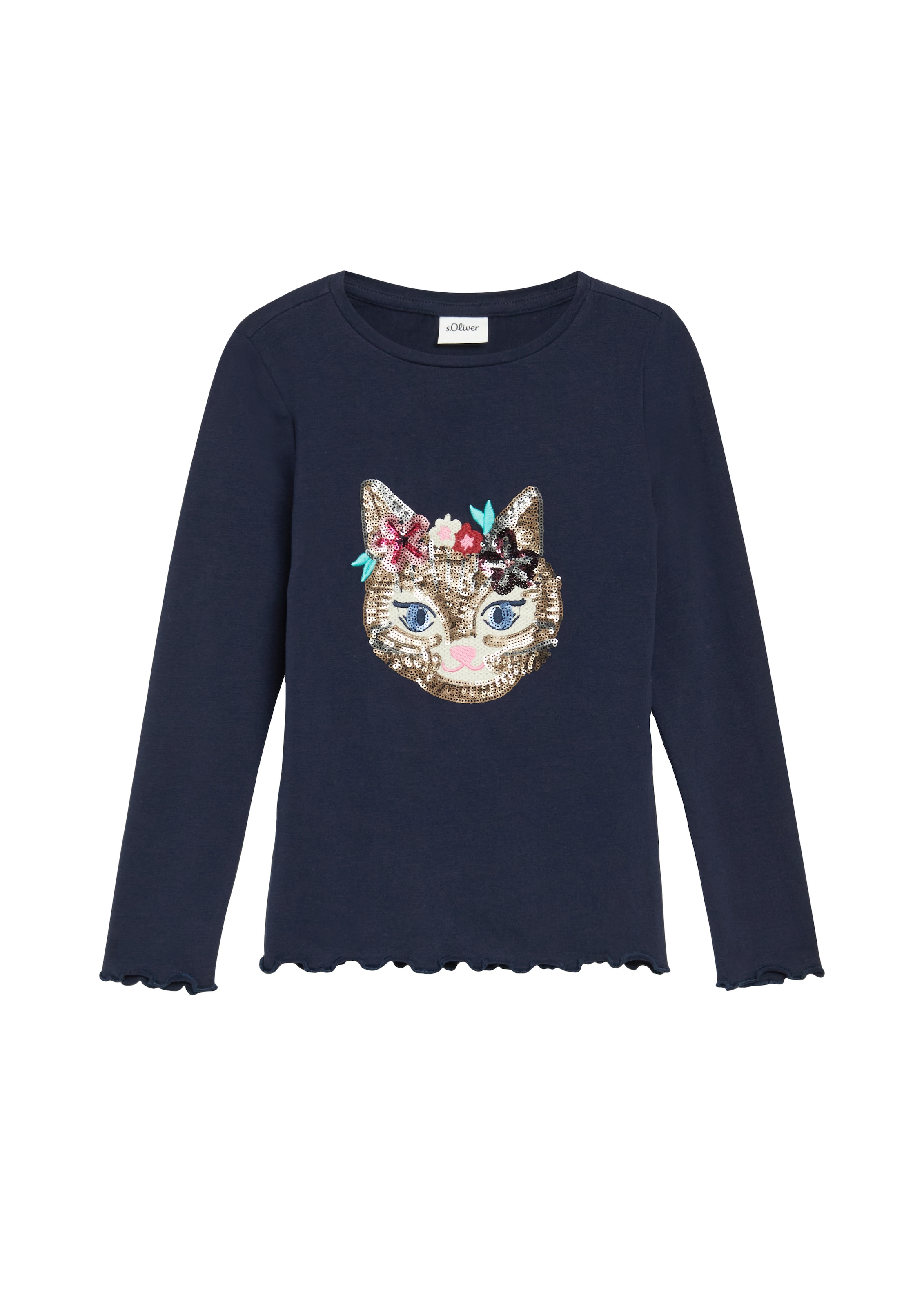 Image of s.Oliver Junior Langarmshirt mit Pailletten-Applikation, gewellter Saum, Baumwolle mit Elasthan