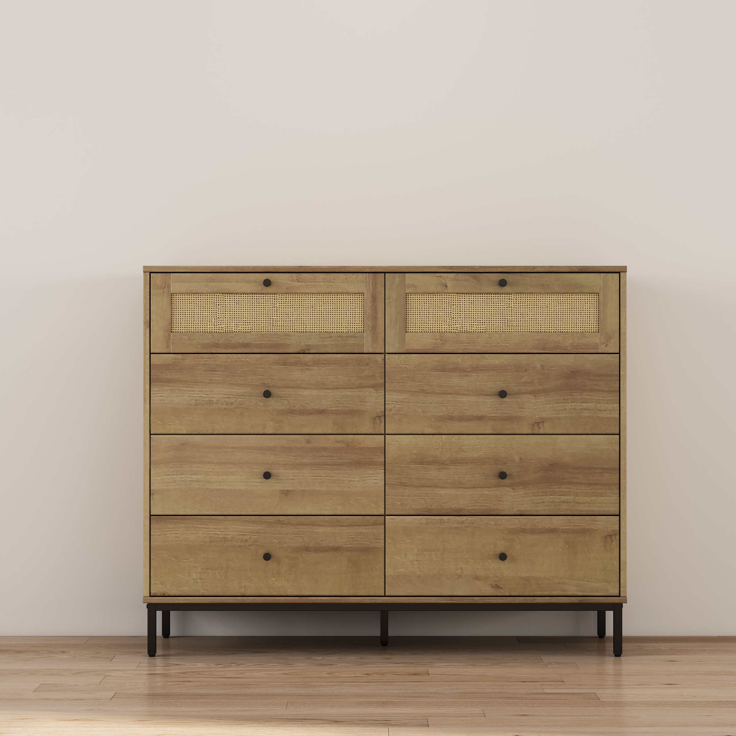 Image of GOODproduct Kombikommode "Motala Wäsche Schrank mit 8 Schubladen Sideboard BOHO Design" Eichen-Design mit schwarzen Griffen und Geflecht Schubladen, Kommode Schrank Wäscheschrank mit 8 Schubladen